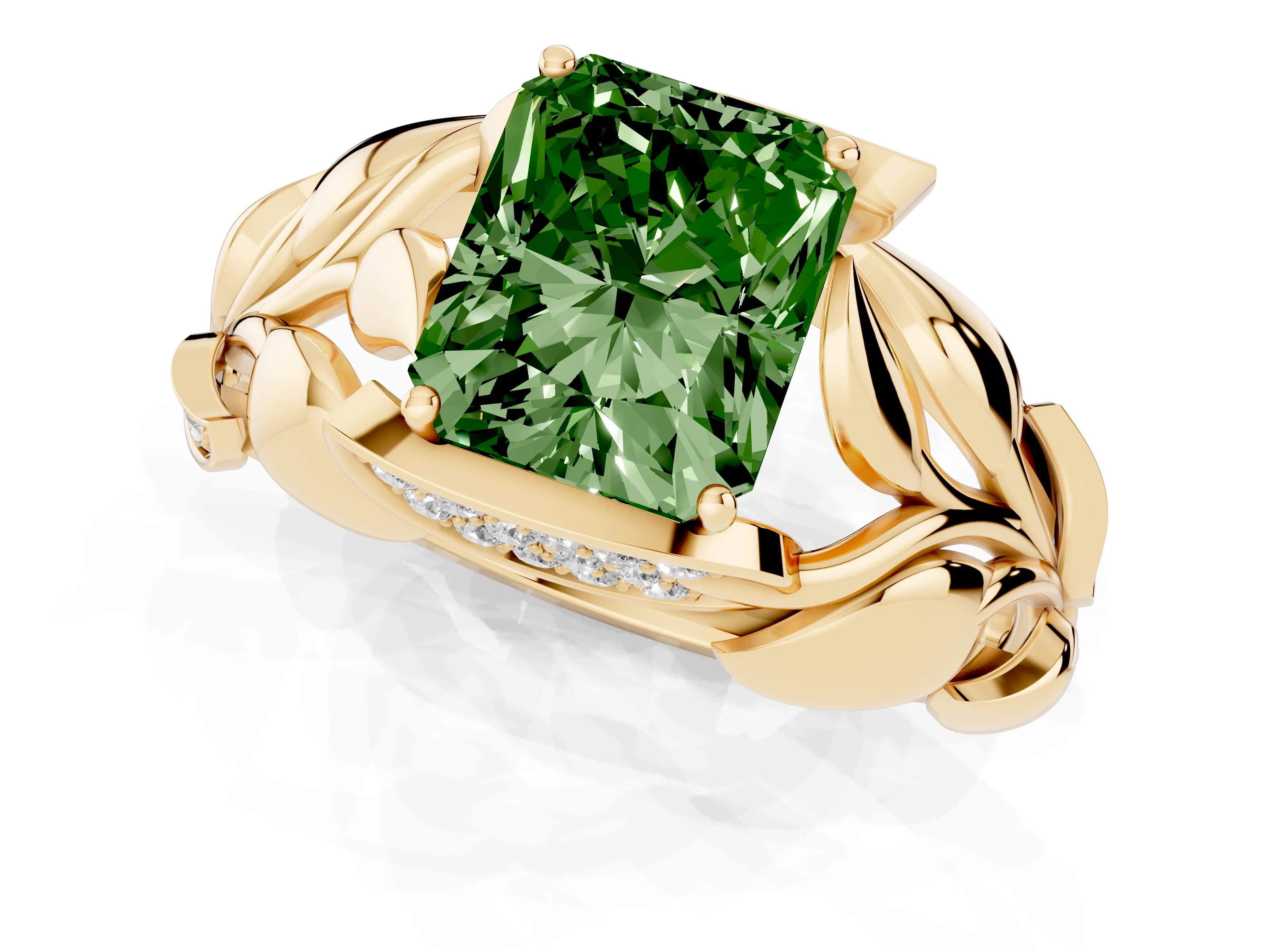 Fancy Green Radiant Cut Diamond Leaf-Inspired Engagement Ring Set in Yellow gold with Round Accents