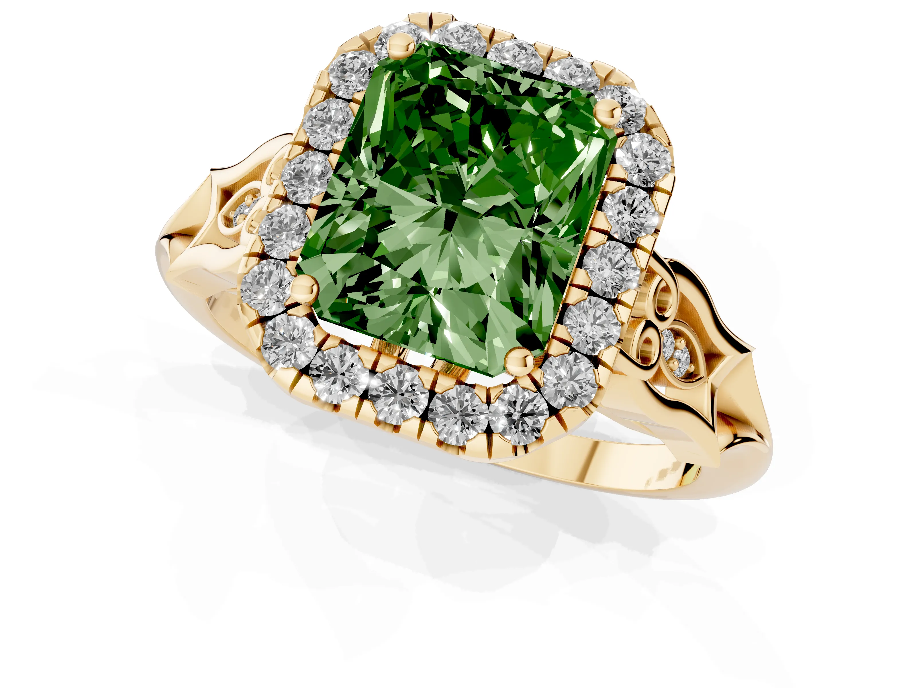 Fancy Green Radiant Cut Diamond Halo Engagement Ring Set in Yellow gold with Filigree Band and Prong-Set Center