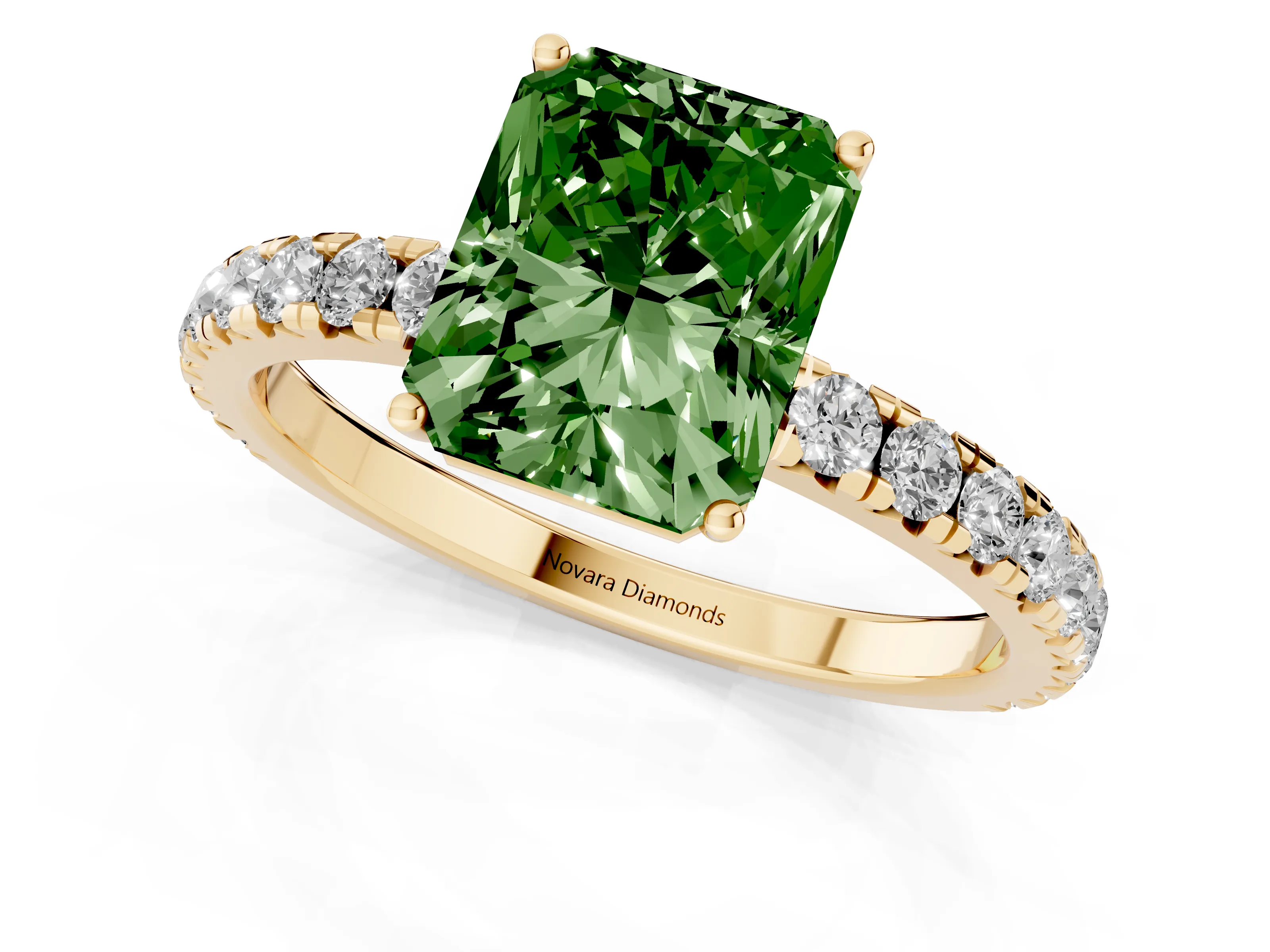 Fancy Green Radiant Cut Diamond Pavé Solitaire Engagement Ring Set in Yellow gold with Prong Setting