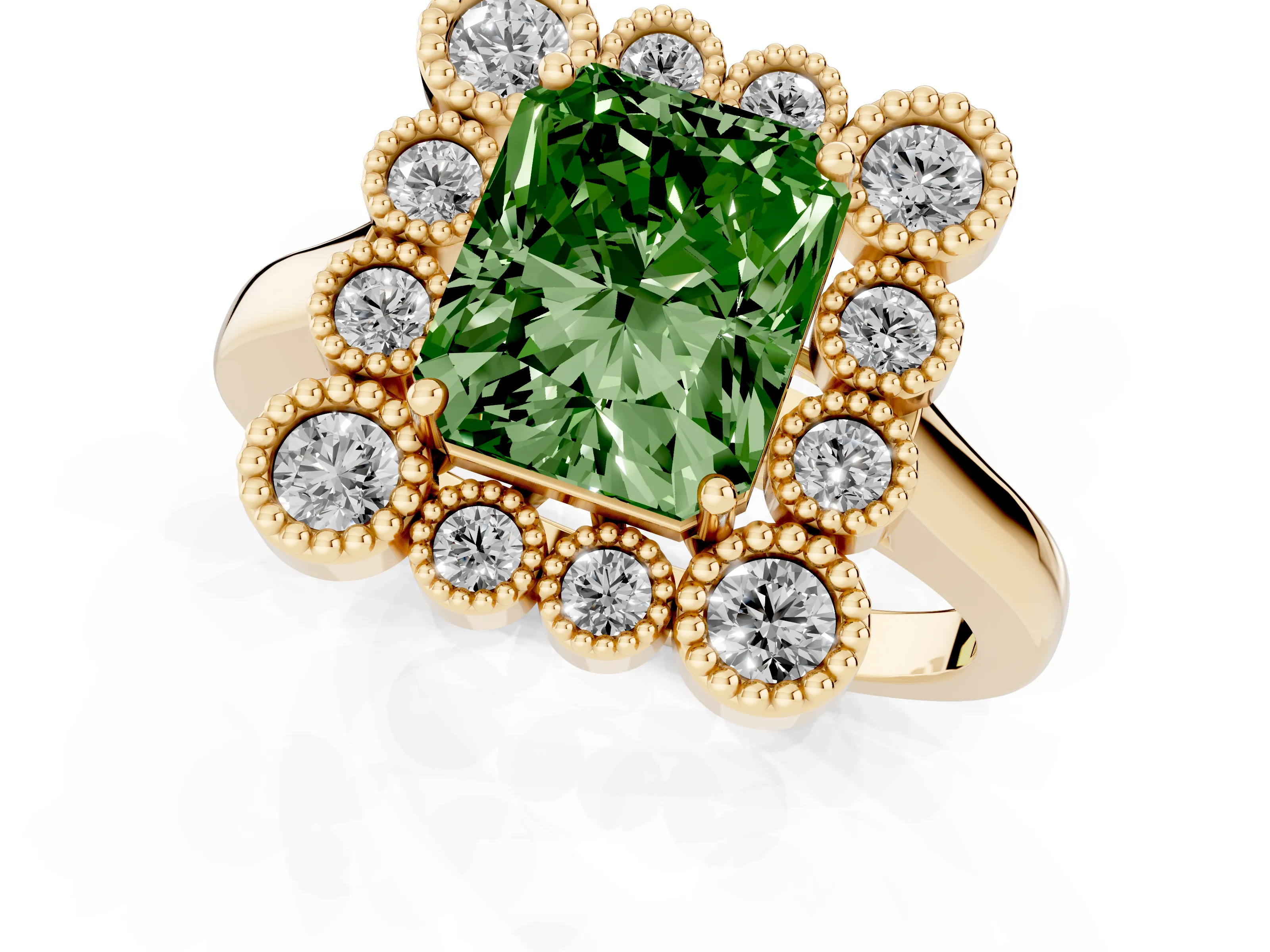 Fancy Green Radiant Cut Diamond Cluster Halo Ring Set in Yellow gold with Milgrain Bezel Accents and Plain Band