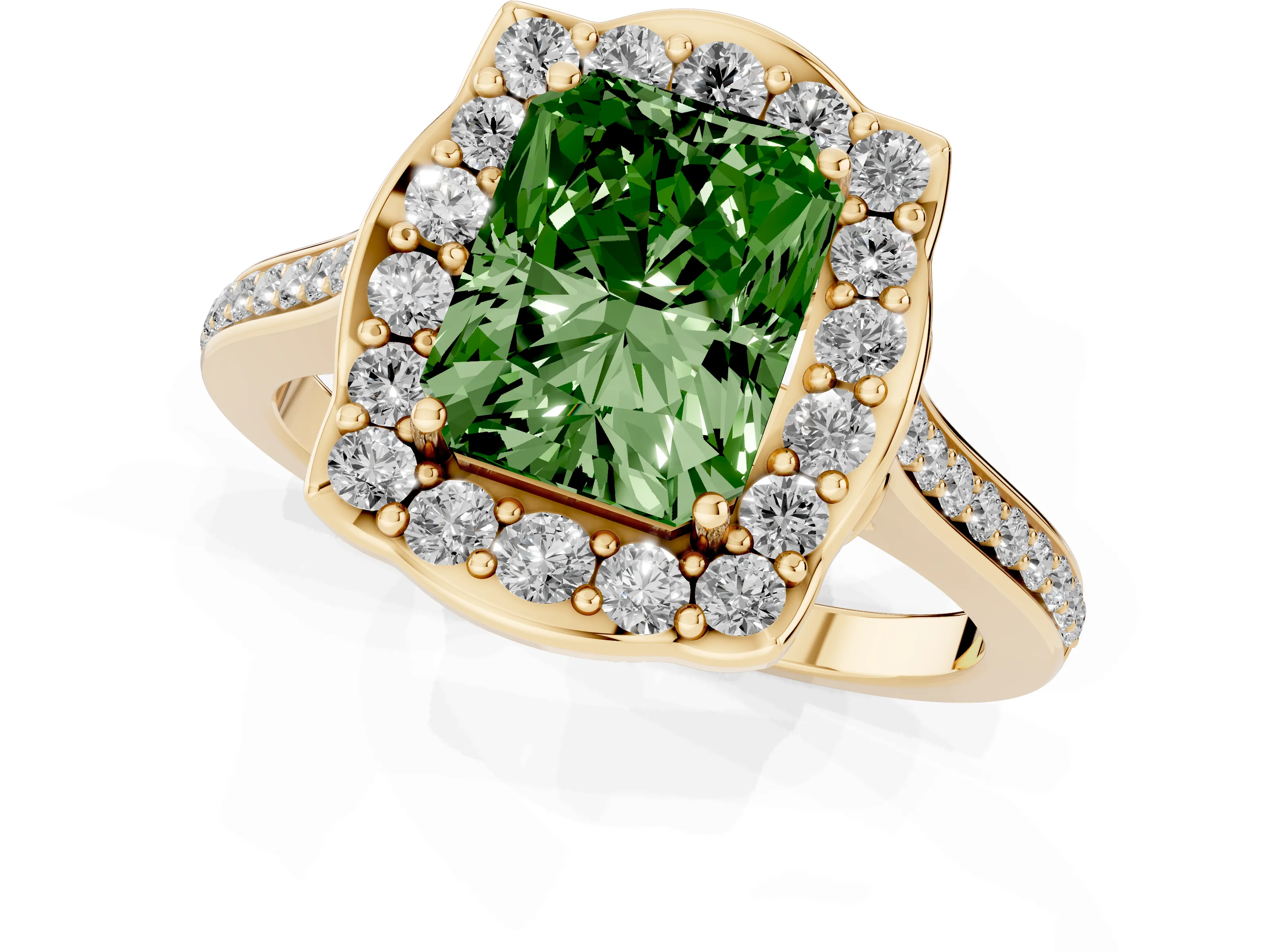 Fancy Green Radiant Cut Diamond Halo Ring Set in Yellow gold with Pavé-Lined Shoulders and Prong Setting