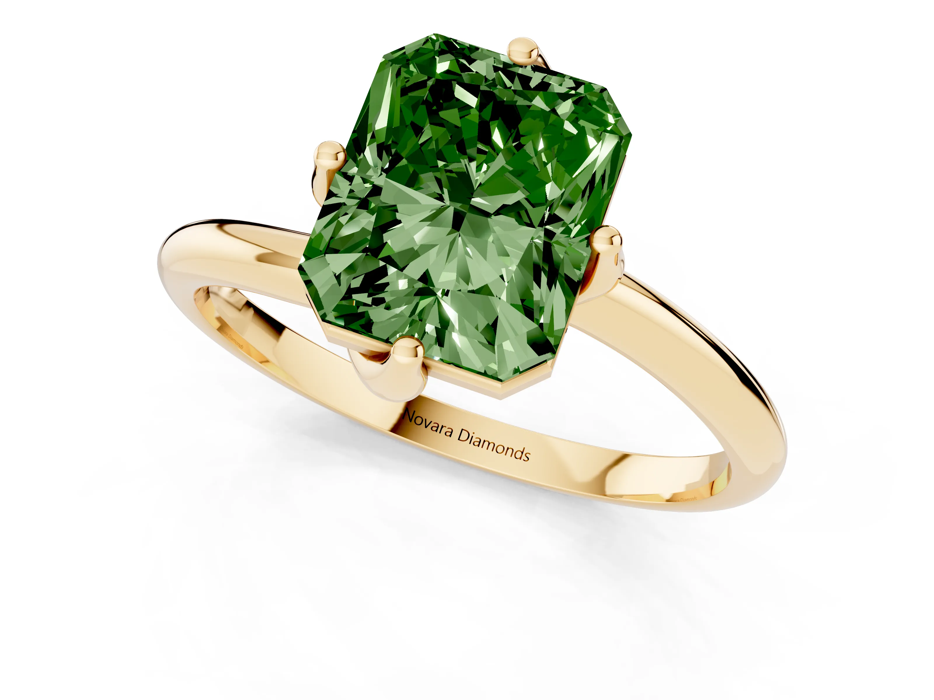 Fancy Green Radiant Cut Diamond Solitaire Engagement Ring Set in Yellow gold with Classic Plain Band