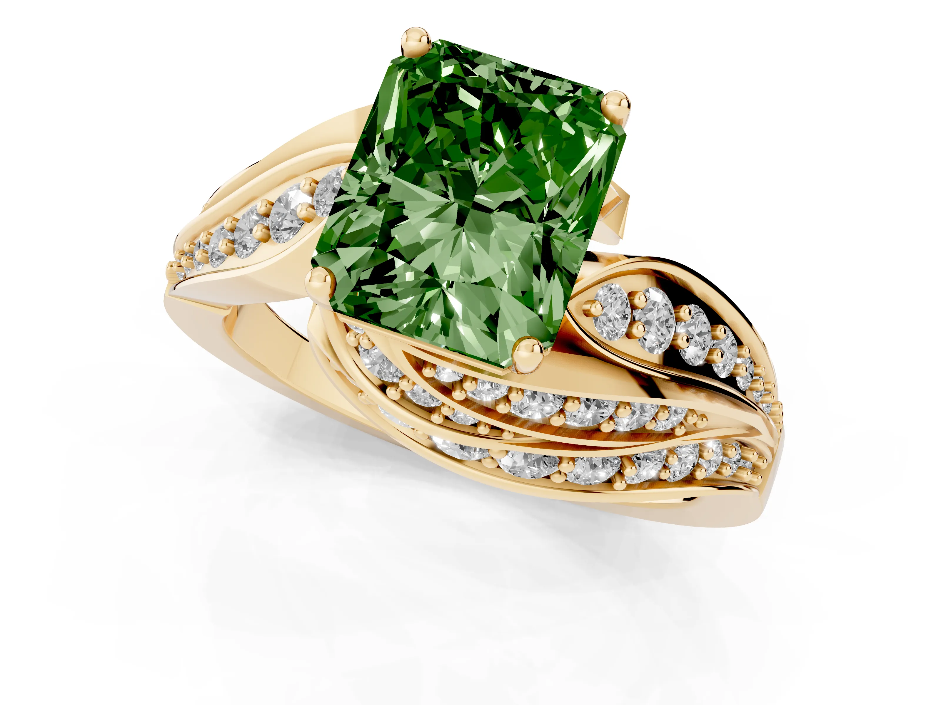 Fancy Green Radiant Cut Diamond Solitaire Ring Set in Yellow gold with Layered Twist Pavé Band