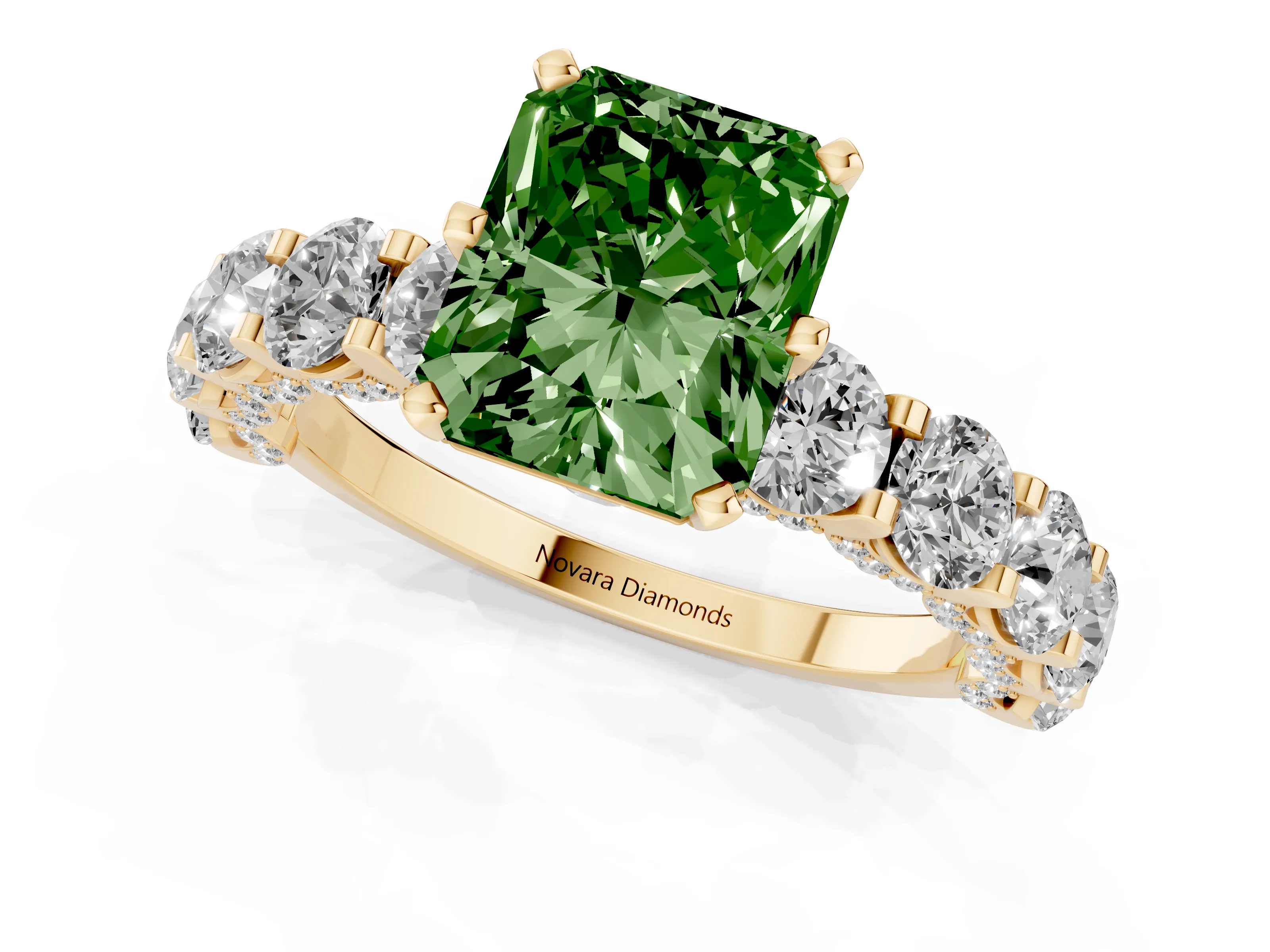 Fancy Green Radiant Cut Diamond Side Stone Ring Set in Yellow gold with Alternating Round and Oval Side Stones – second view