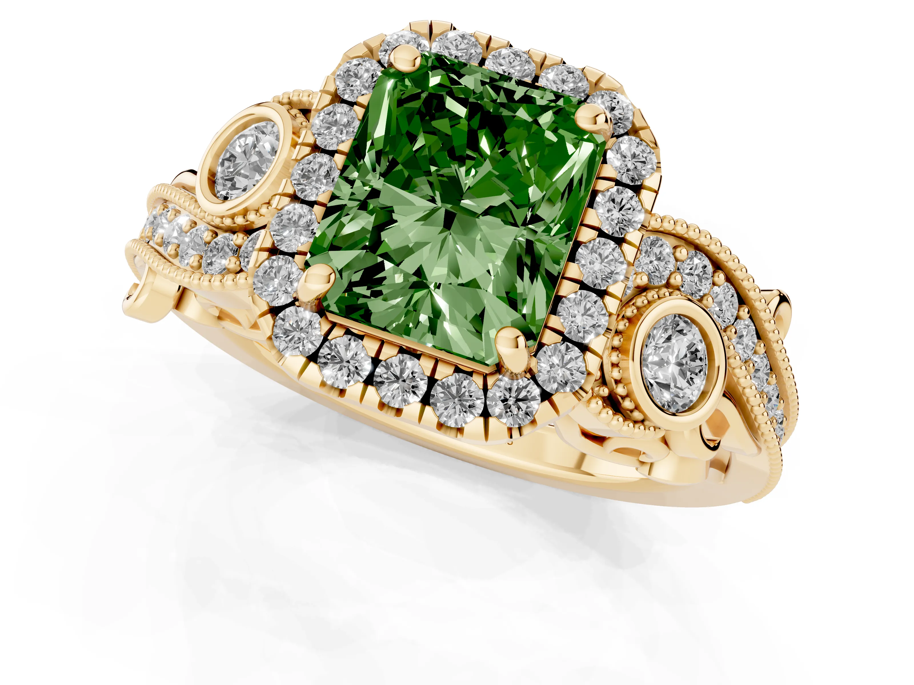 Fancy Green Radiant Cut Diamond Halo Ring Set in Yellow gold with Milgrain Pavé Band and Prong Setting
