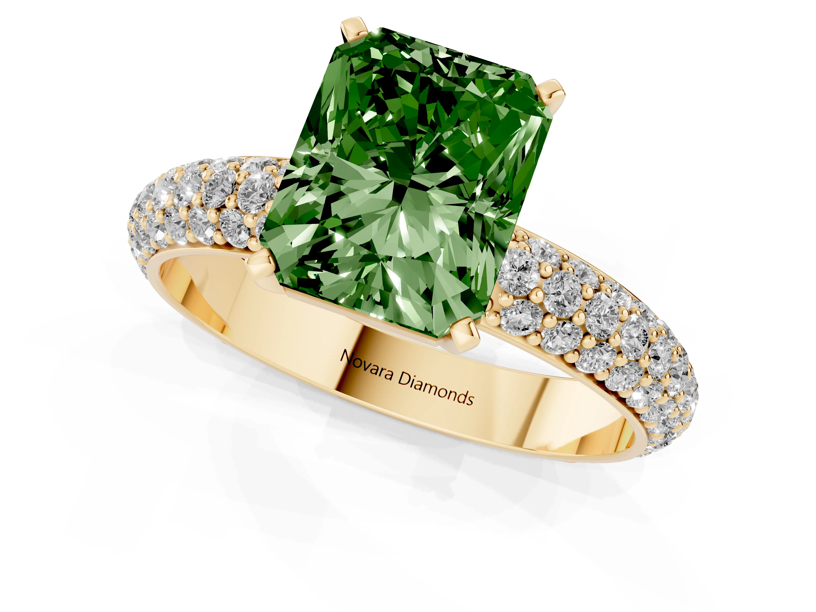 Fancy Green Radiant Cut Diamond Solitaire Ring Set in Yellow gold with Prong Setting and Pavé-Set Band