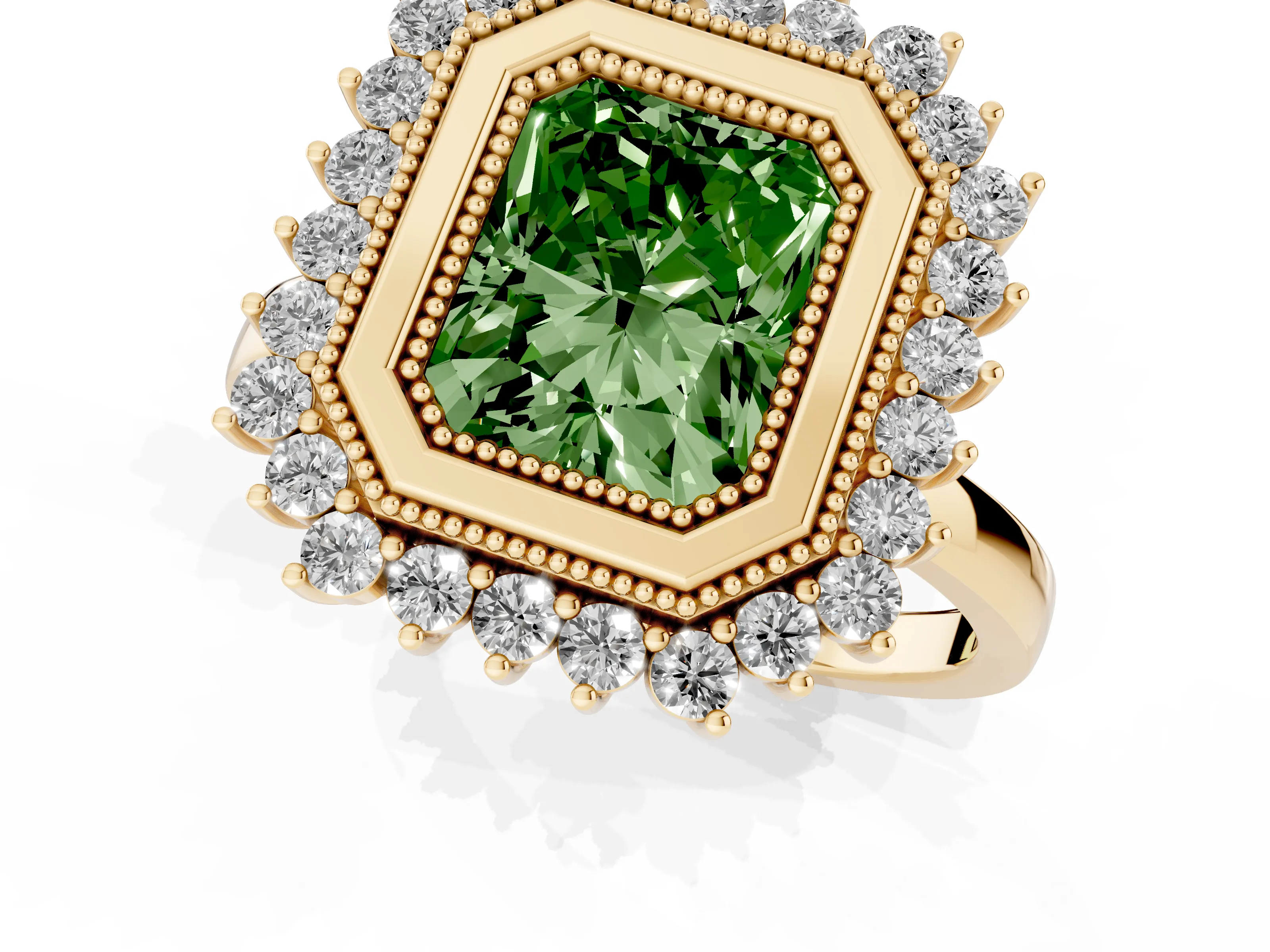 Fancy Green Radiant Cut Diamond Halo Ring Set in Yellow gold with Milgrain Edge and Round Prong Setting