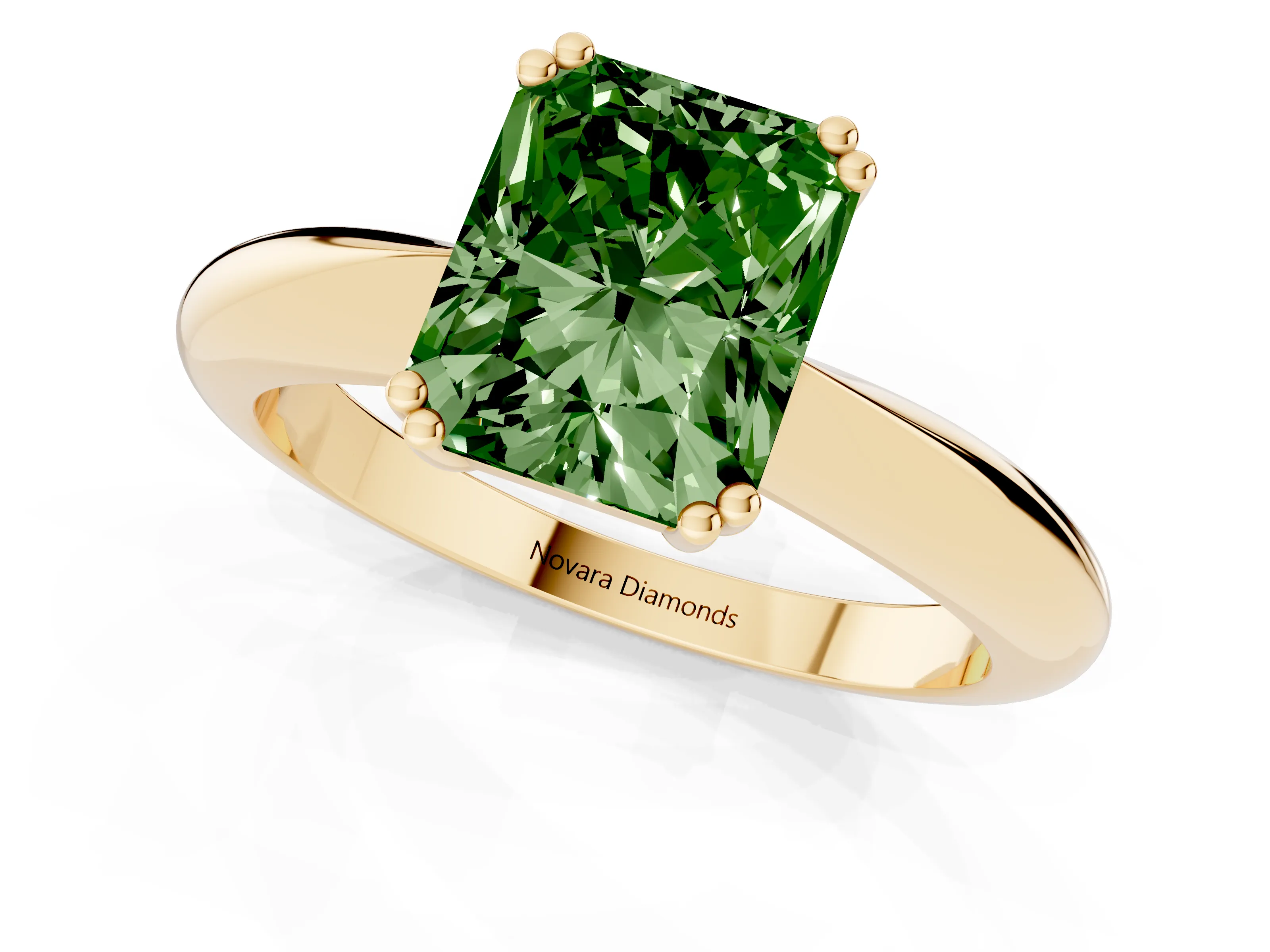 Fancy Green Radiant Cut Diamond Solitaire Engagement Ring Set in Yellow gold with Tapered Band and Prong Setting