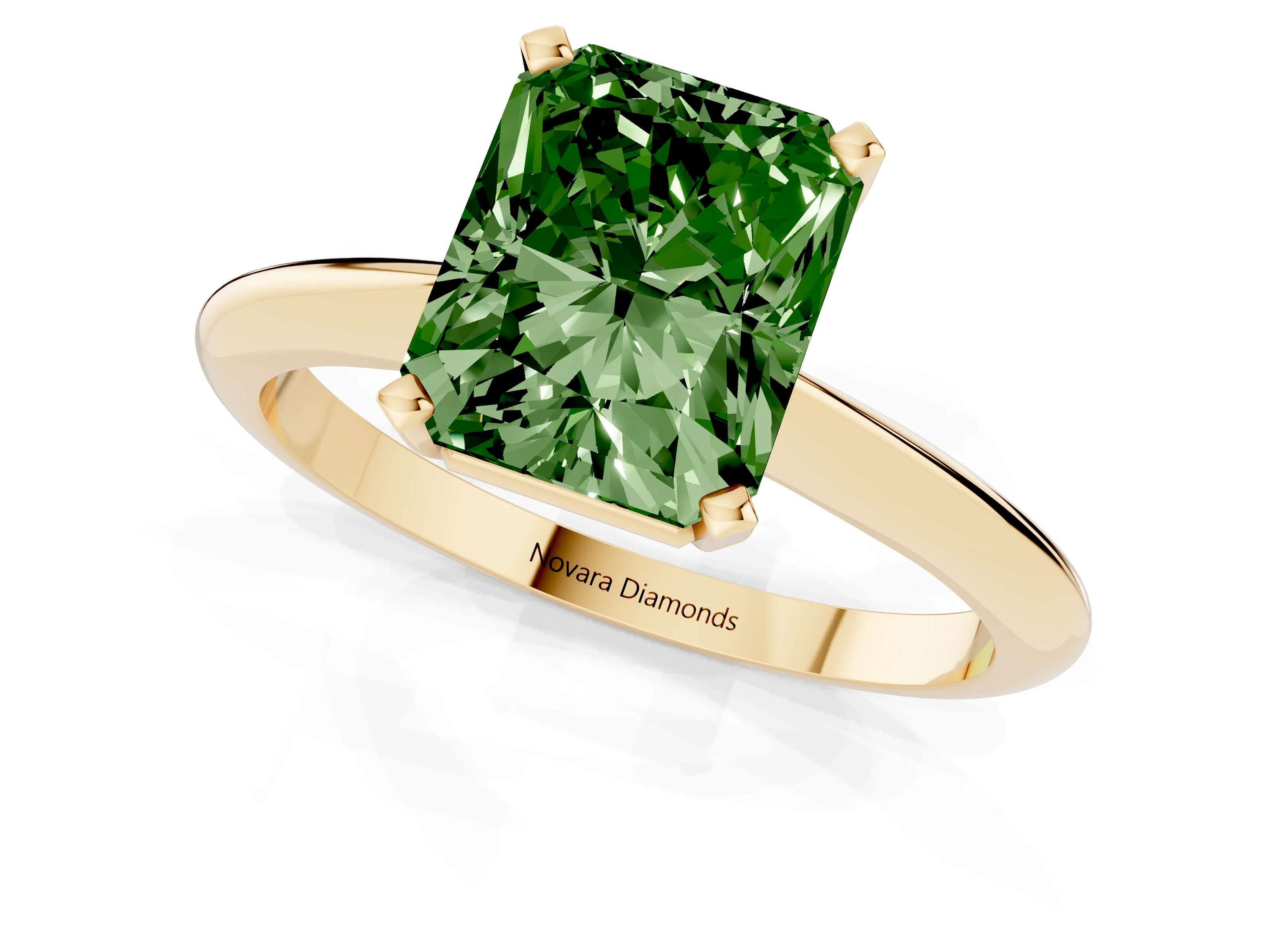 Fancy Green Radiant Cut Diamond Solitaire Ring Set in Yellow gold with Prong Setting on a Plain Round Band