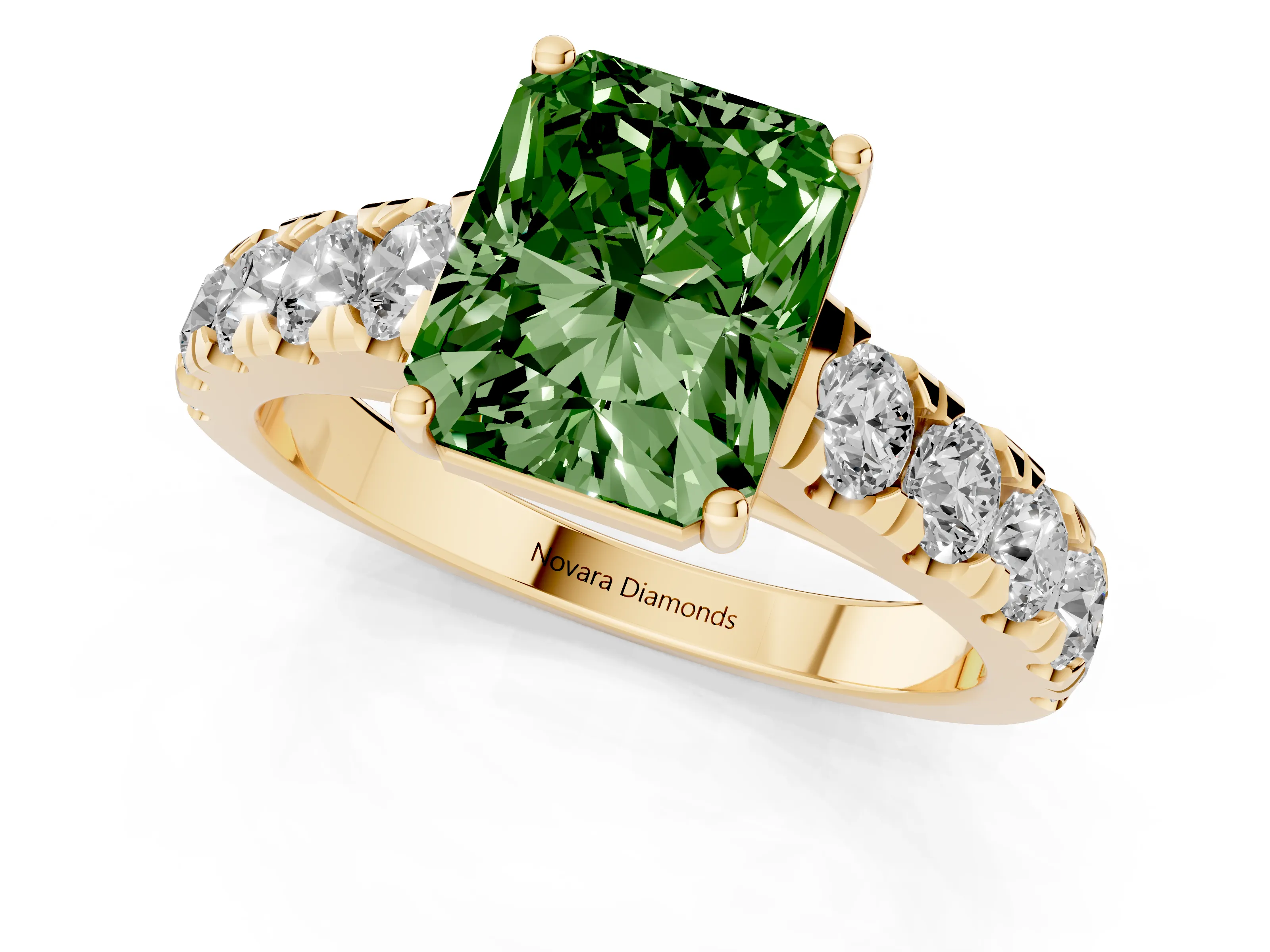 Fancy Green Radiant Cut Diamond Solitaire Ring Set in Yellow gold with Cut-Down Micro Pavé Band and Prong Setting