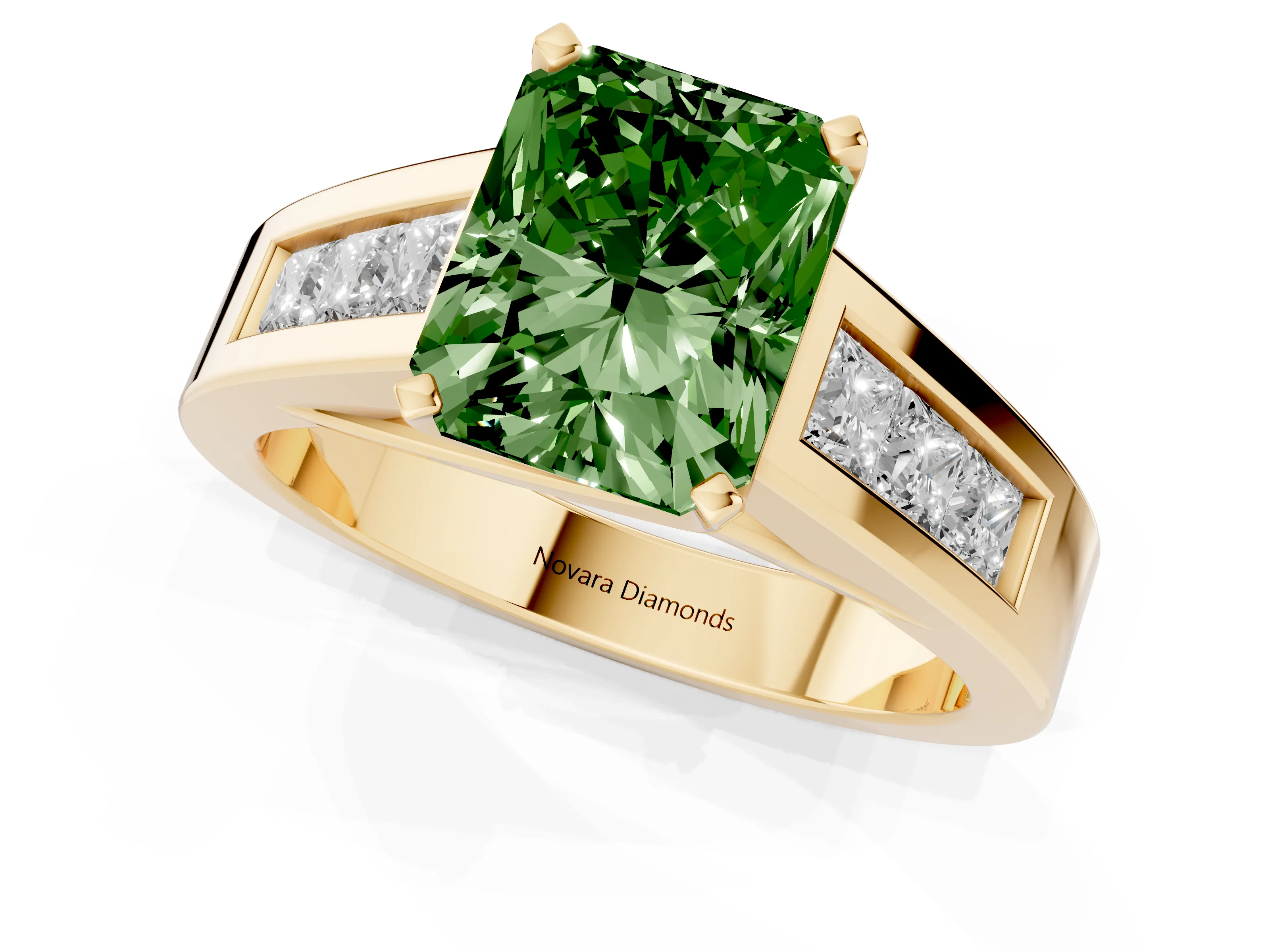 Fancy Green Radiant Cut Diamond Solitaire Ring Set in Yellow gold with Channel-Set Accent Stones and Prong Setting