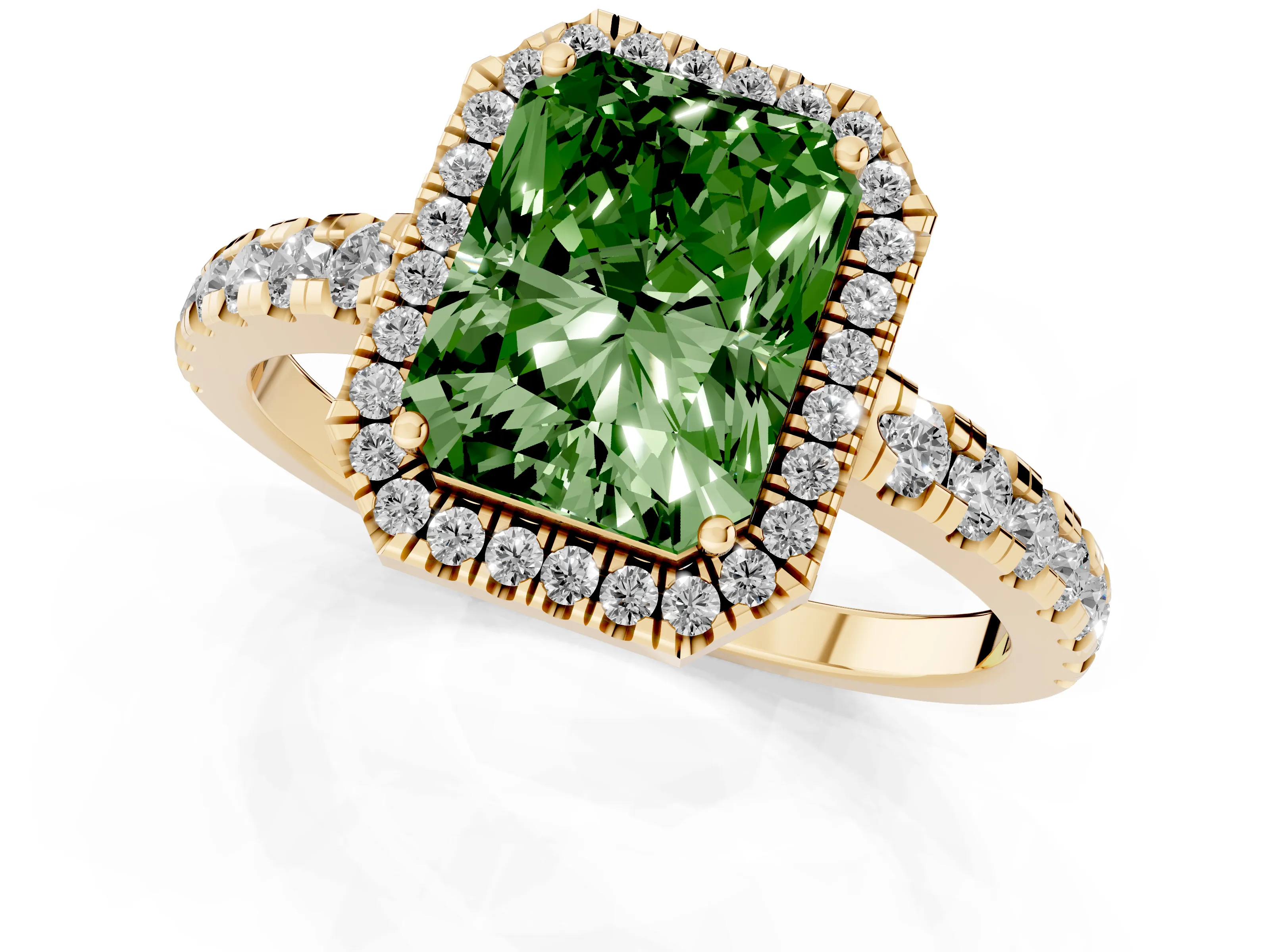 Fancy Green Radiant Cut Diamond Halo Ring Set in Yellow gold with Delicate Pavé Band and Prong Setting