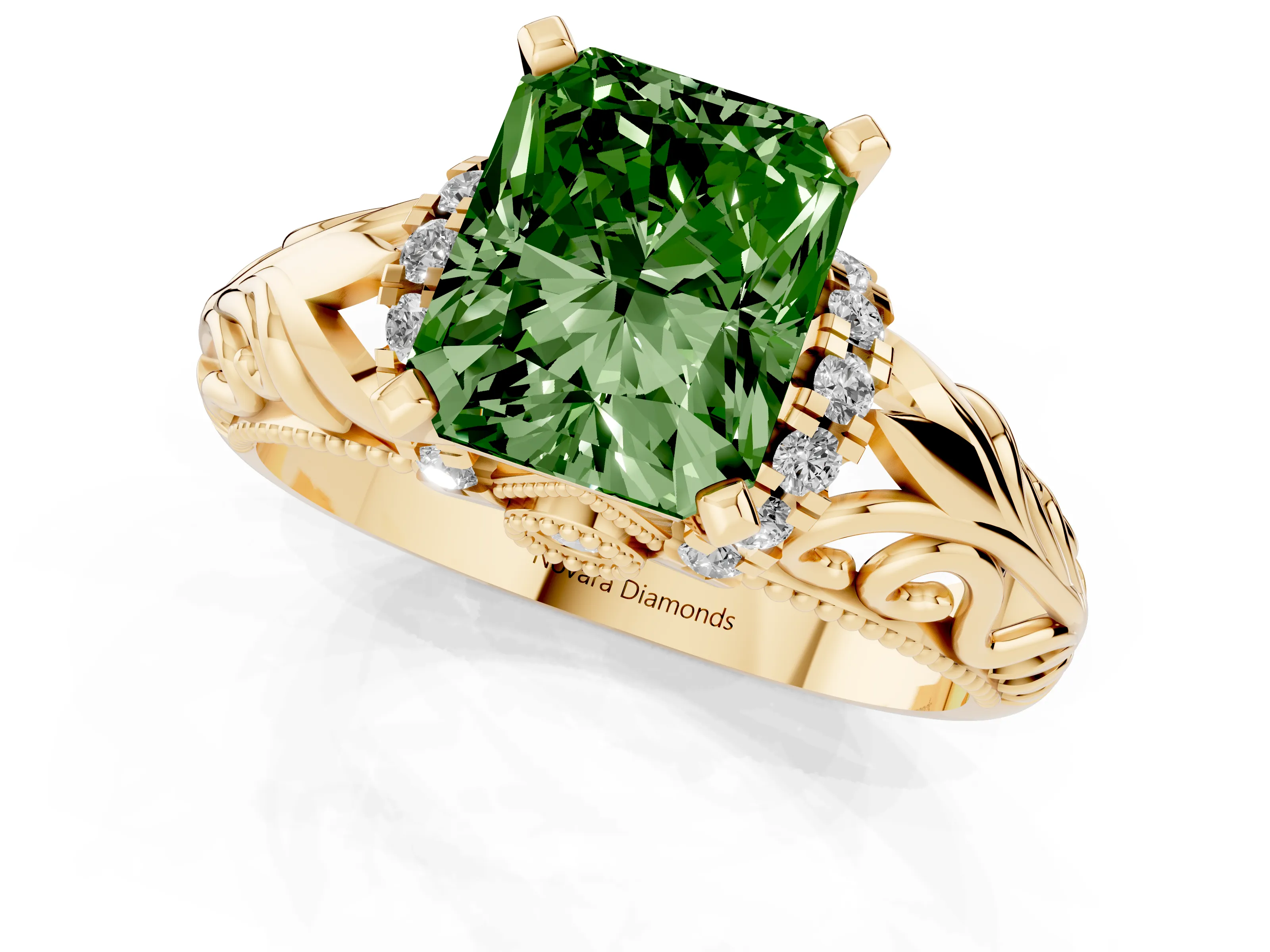 Fancy Green Radiant Cut Diamond Filigree Halo Engagement Ring Set in Yellow gold with Prong Setting