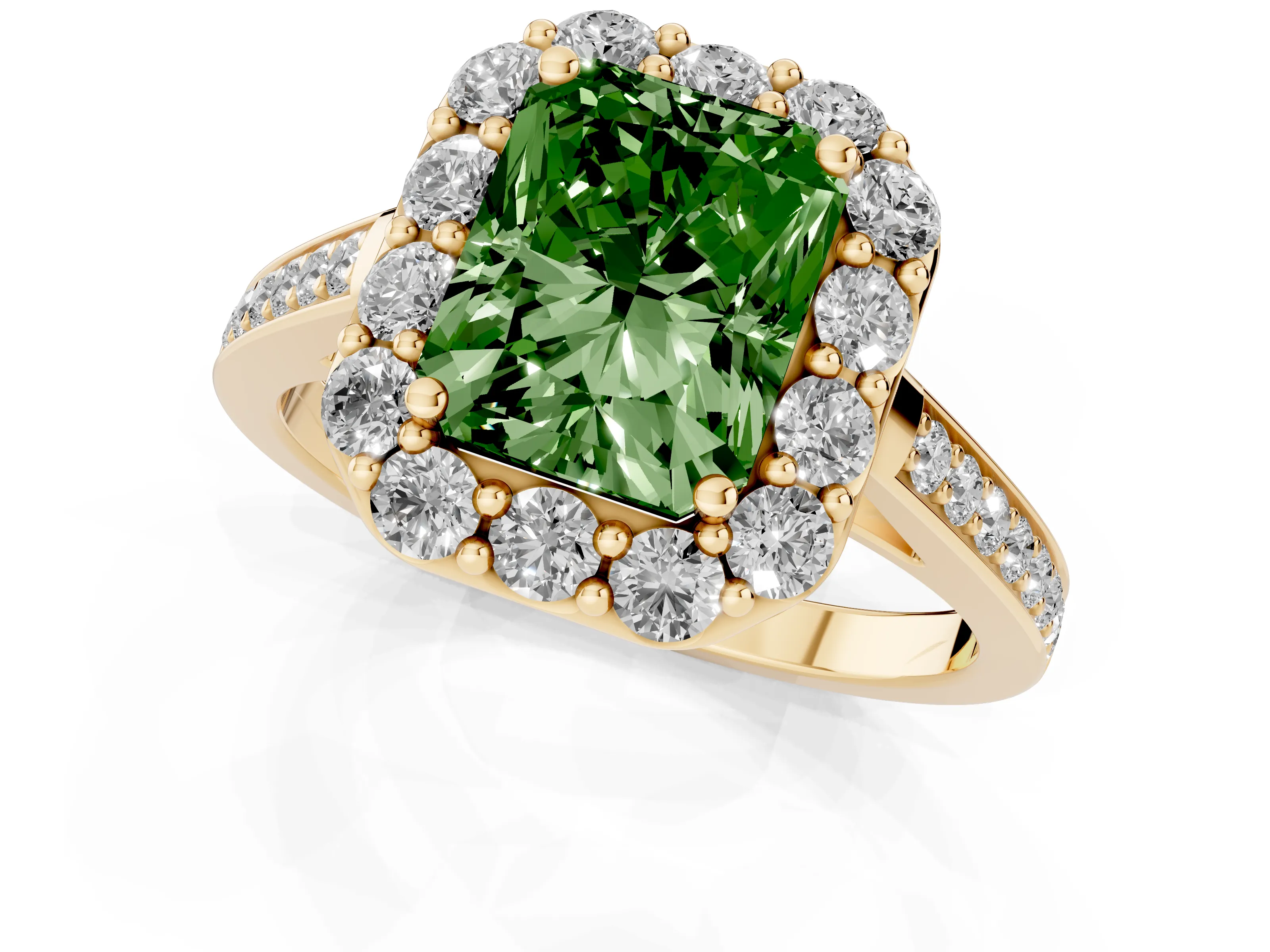 Fancy Green Radiant Cut Diamond Floral Halo Ring Set in Yellow gold with Pavé Band and Prong Setting