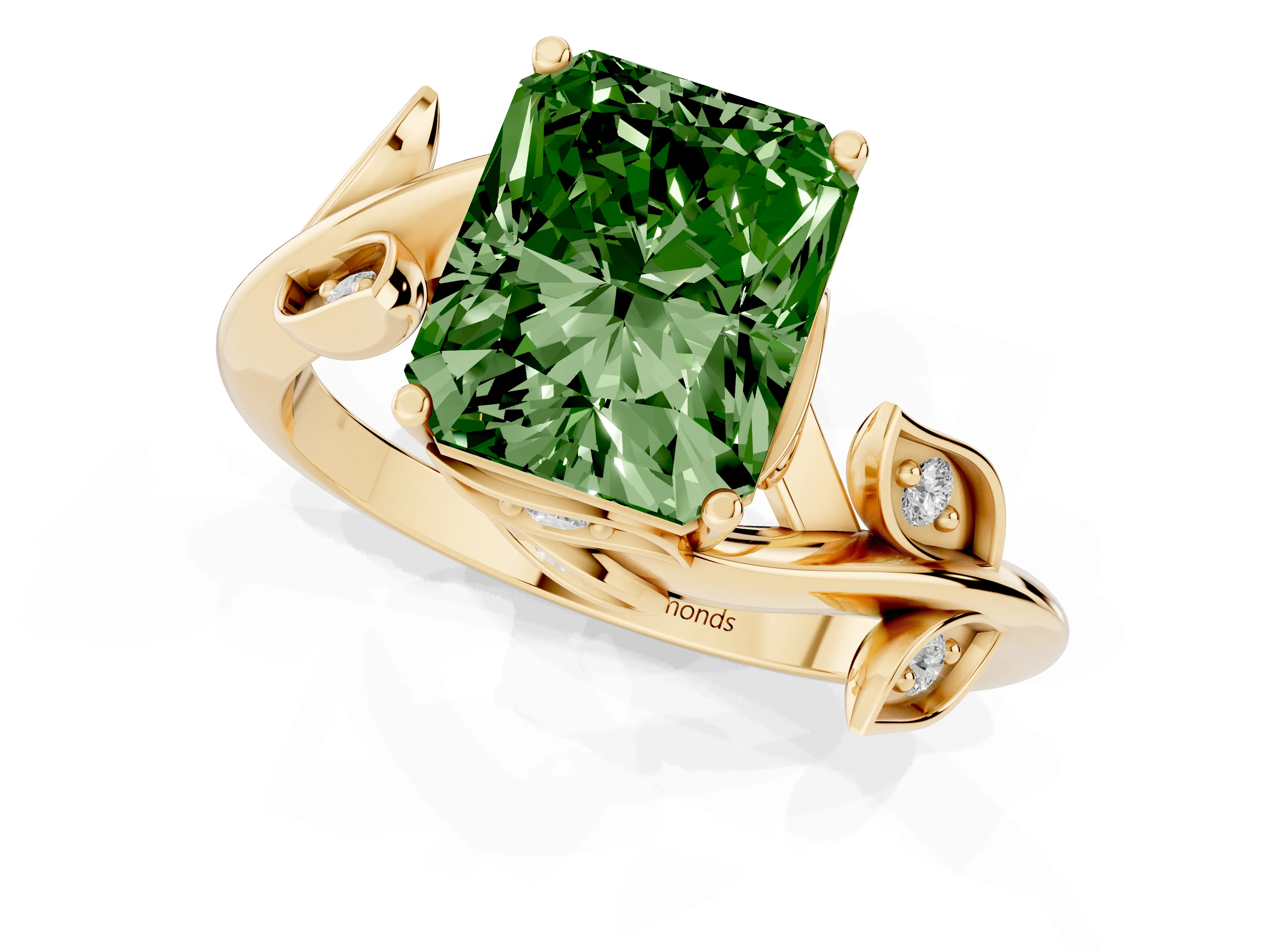 Fancy Green Radiant Cut Diamond Solitaire Twist Engagement Ring Set in Yellow gold with Pavé Leaf Accents