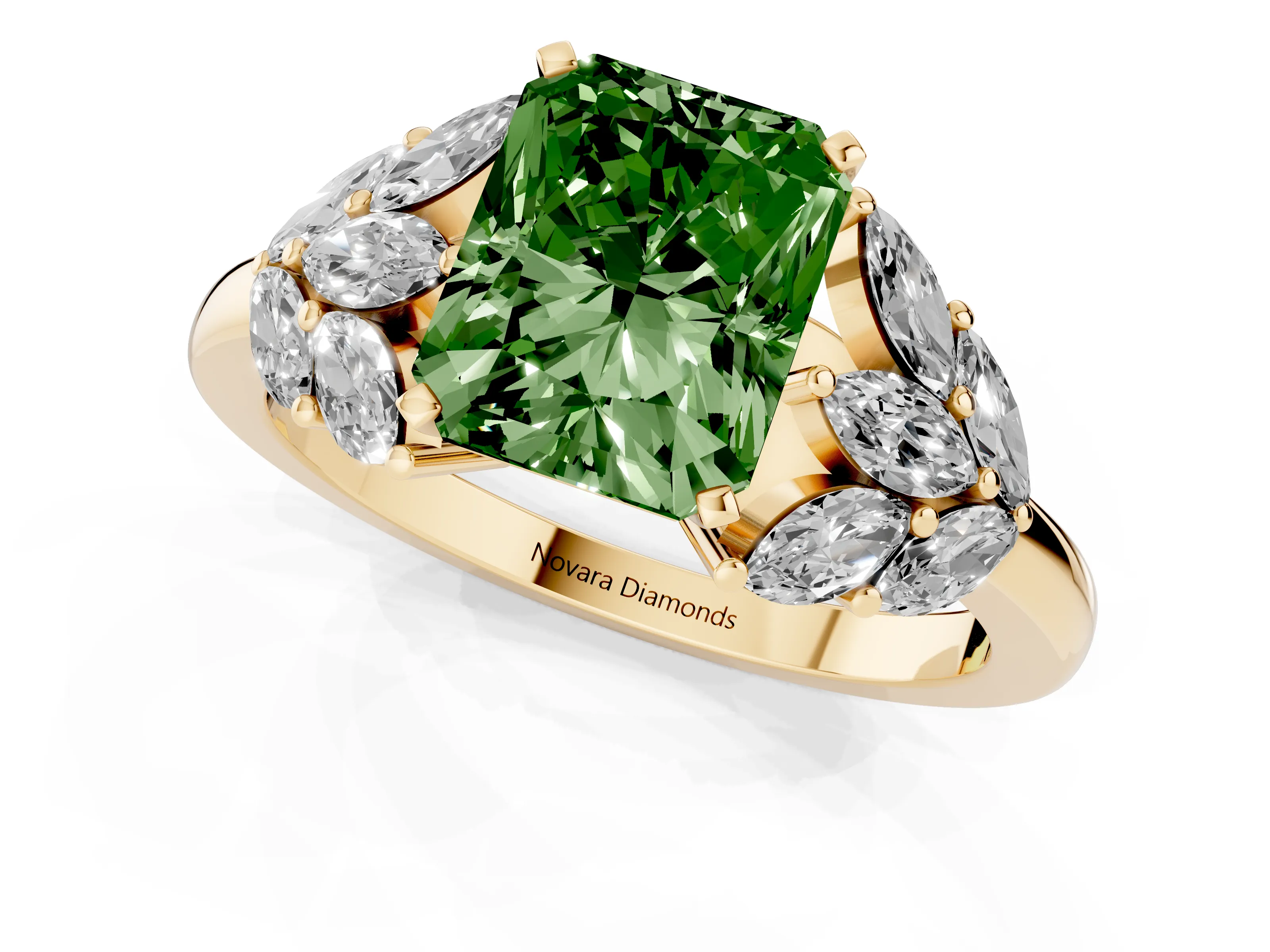 Fancy Green Radiant Cut Diamond Cluster Leaf Design Ring Set in Yellow gold with Prong Setting