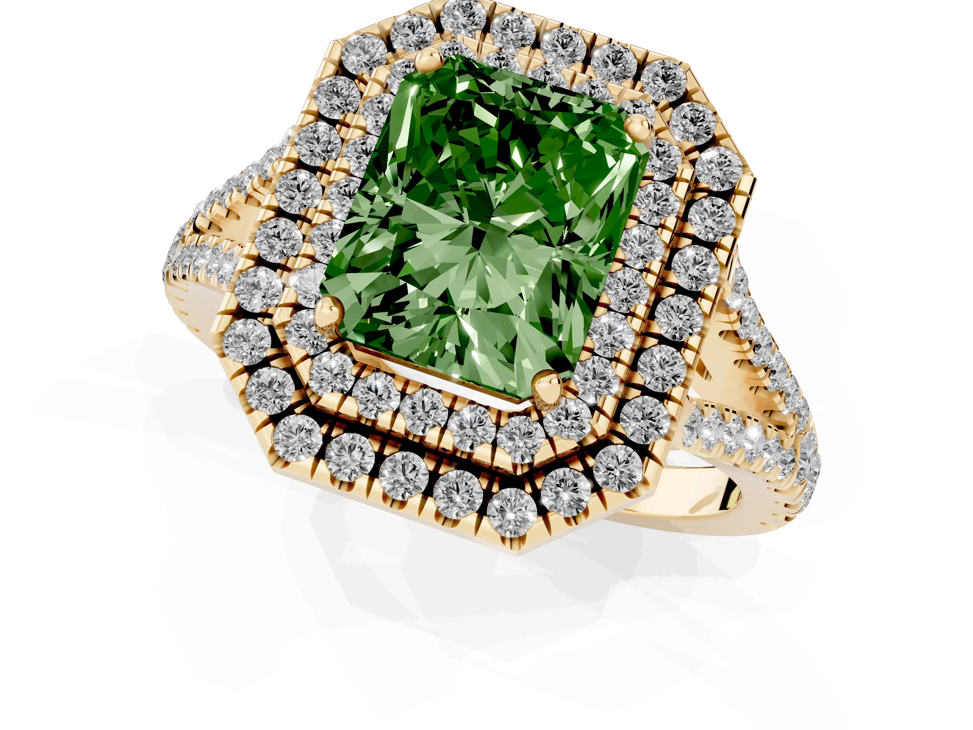 Fancy Green Radiant Cut Diamond Double Halo Ring Set in Yellow gold with Pavé Band
