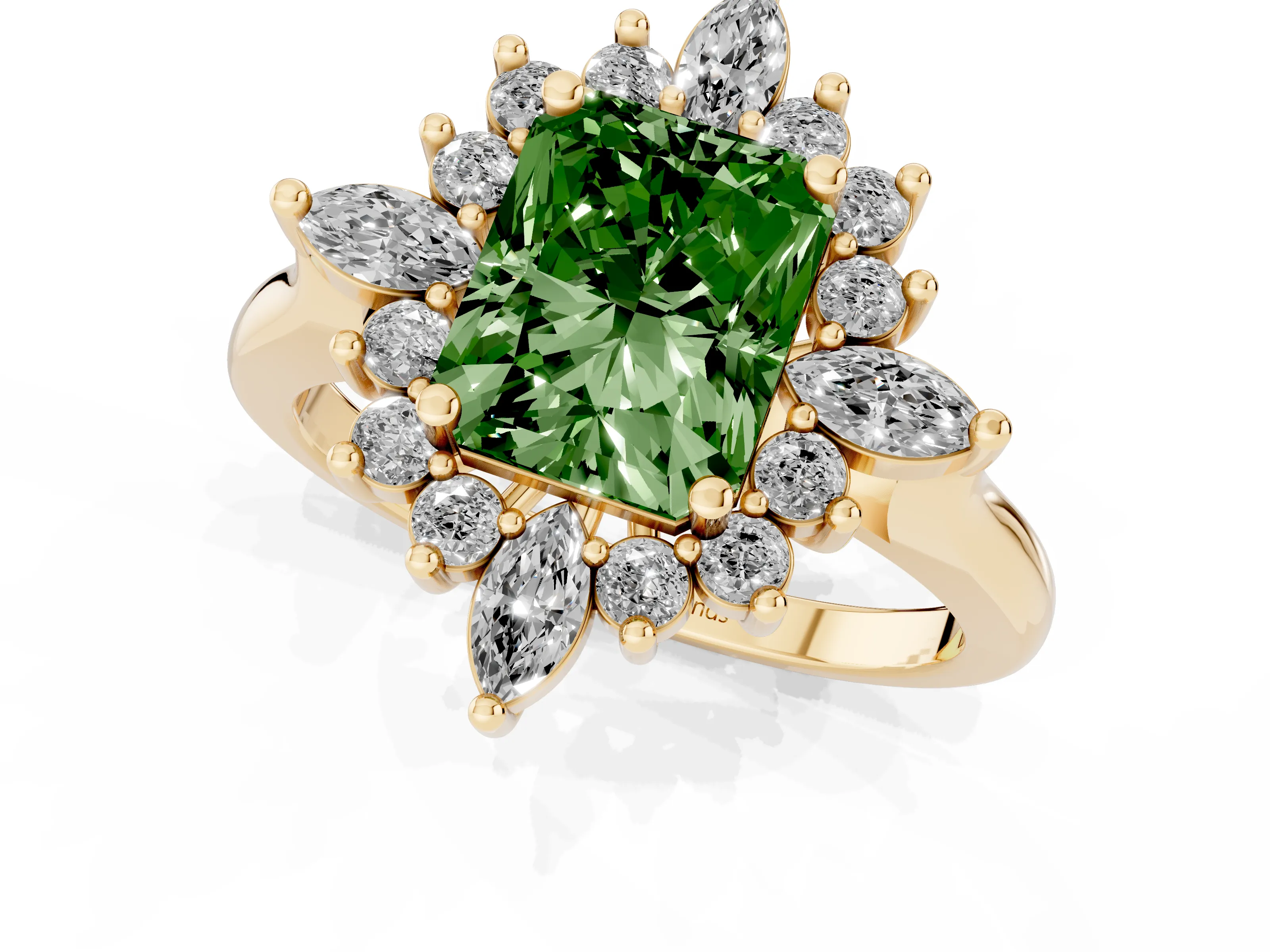 Fancy Green Radiant Cut Diamond Cluster Halo Ring Set in Yellow gold with Marquise and Round Accents