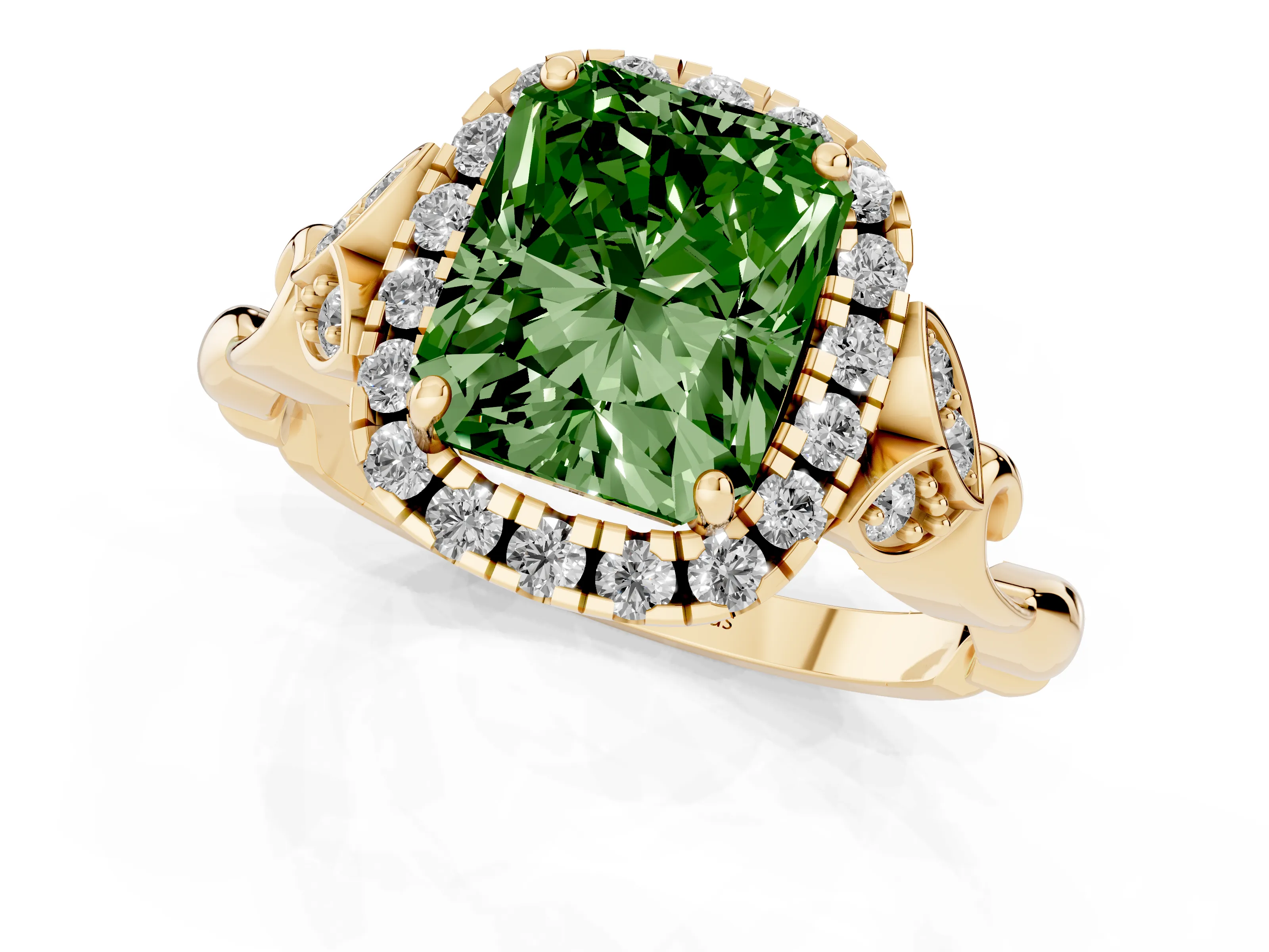 Fancy Green Radiant Cut Diamond Halo Engagement Ring Set in Yellow gold with Vintage-Inspired Band and Prong Setting
