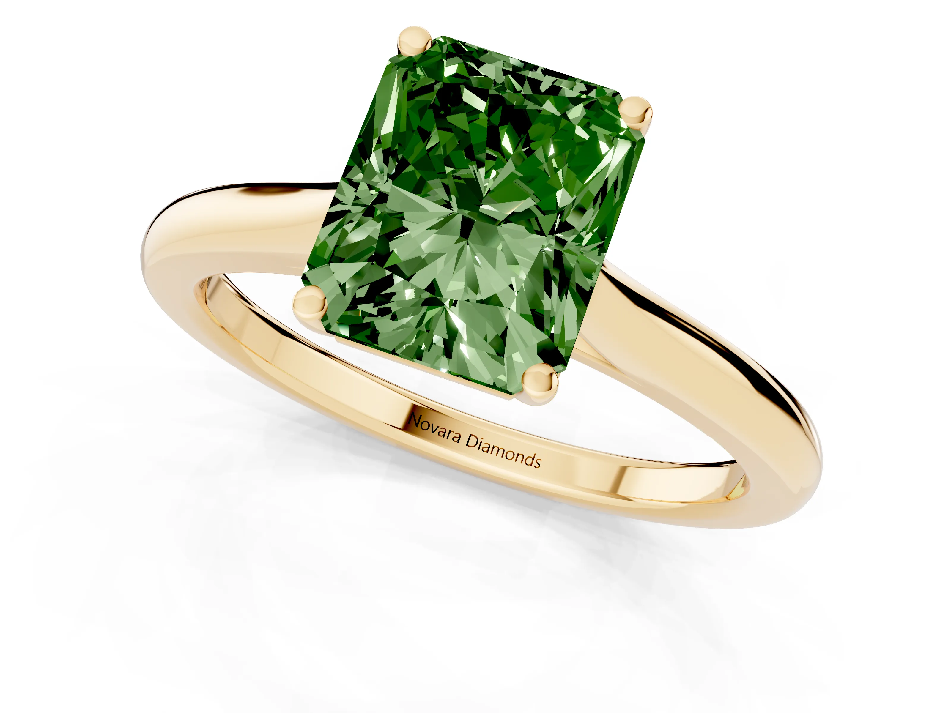 Fancy Green Radiant Cut Diamond Solitaire Ring Set in Yellow gold with Cathedral Band and Prong Setting