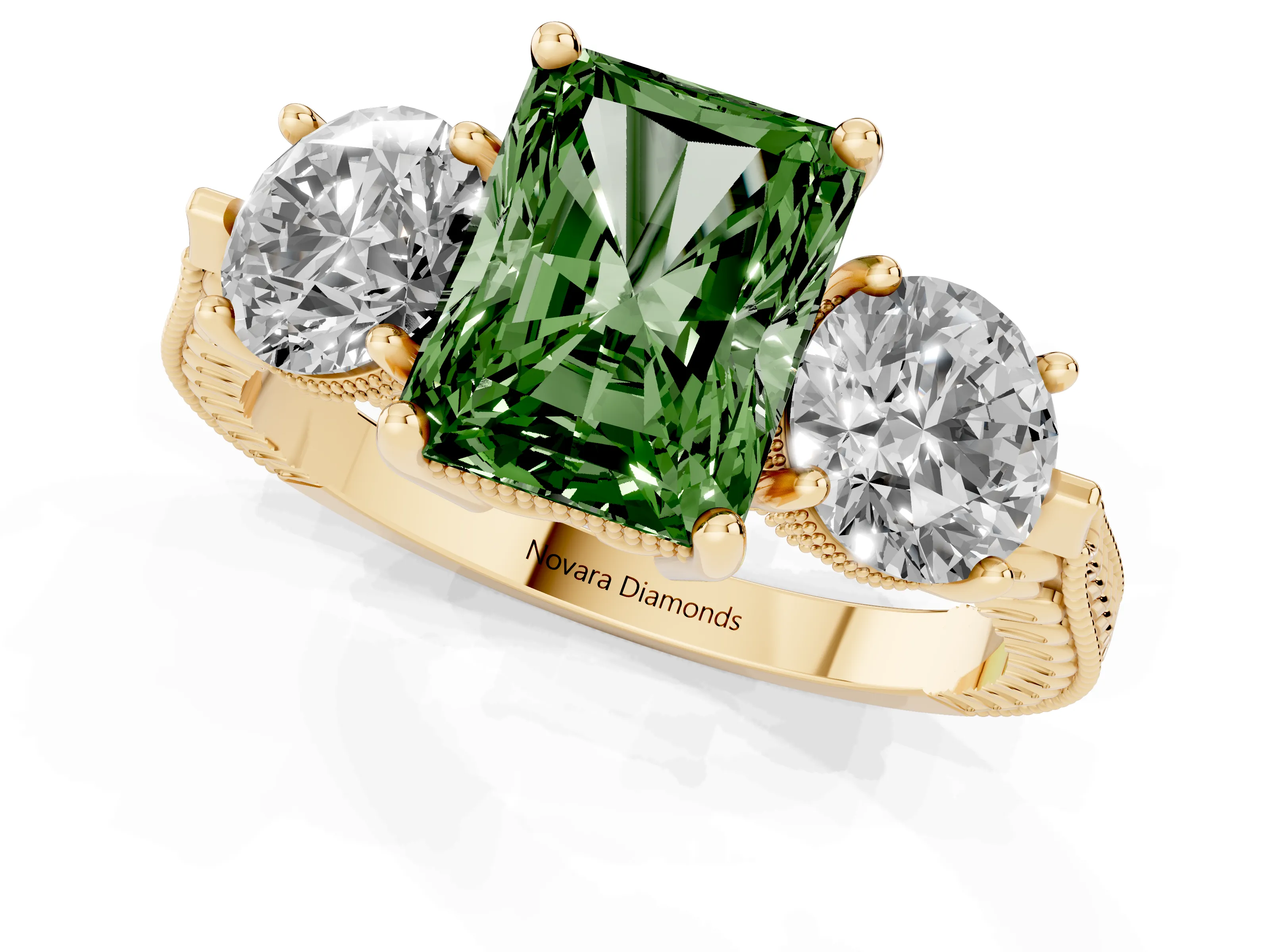 Fancy Green Radiant Cut Diamond Three-Stone Ring Set in Yellow gold with Milgrain Band