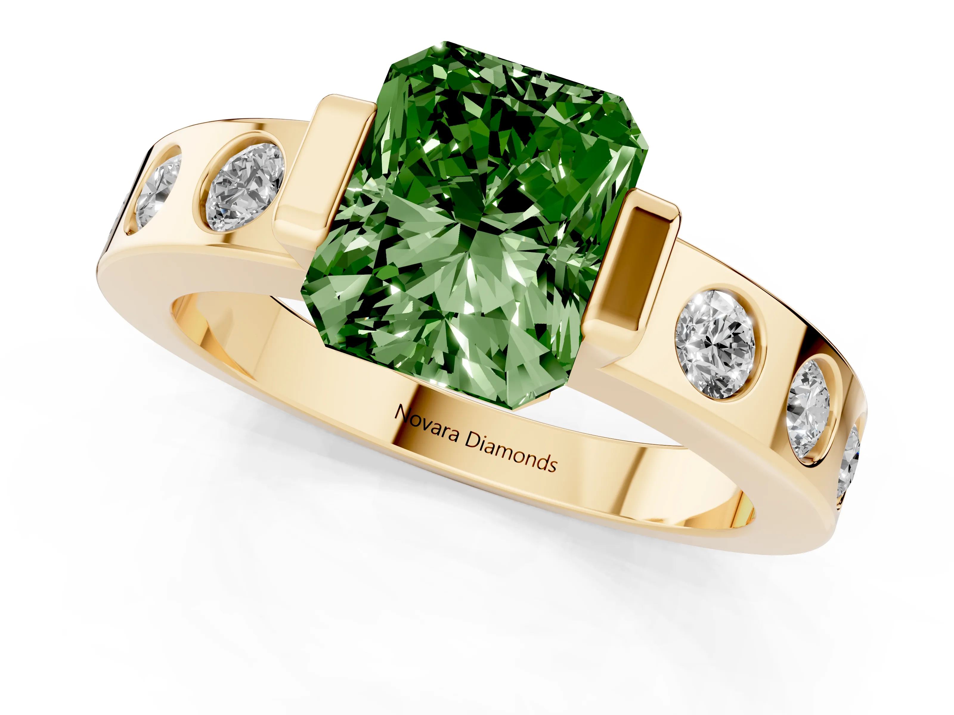 Fancy Green Radiant Cut Diamond Channel-Set Band Ring Set in Yellow gold with Bezel Prong Setting