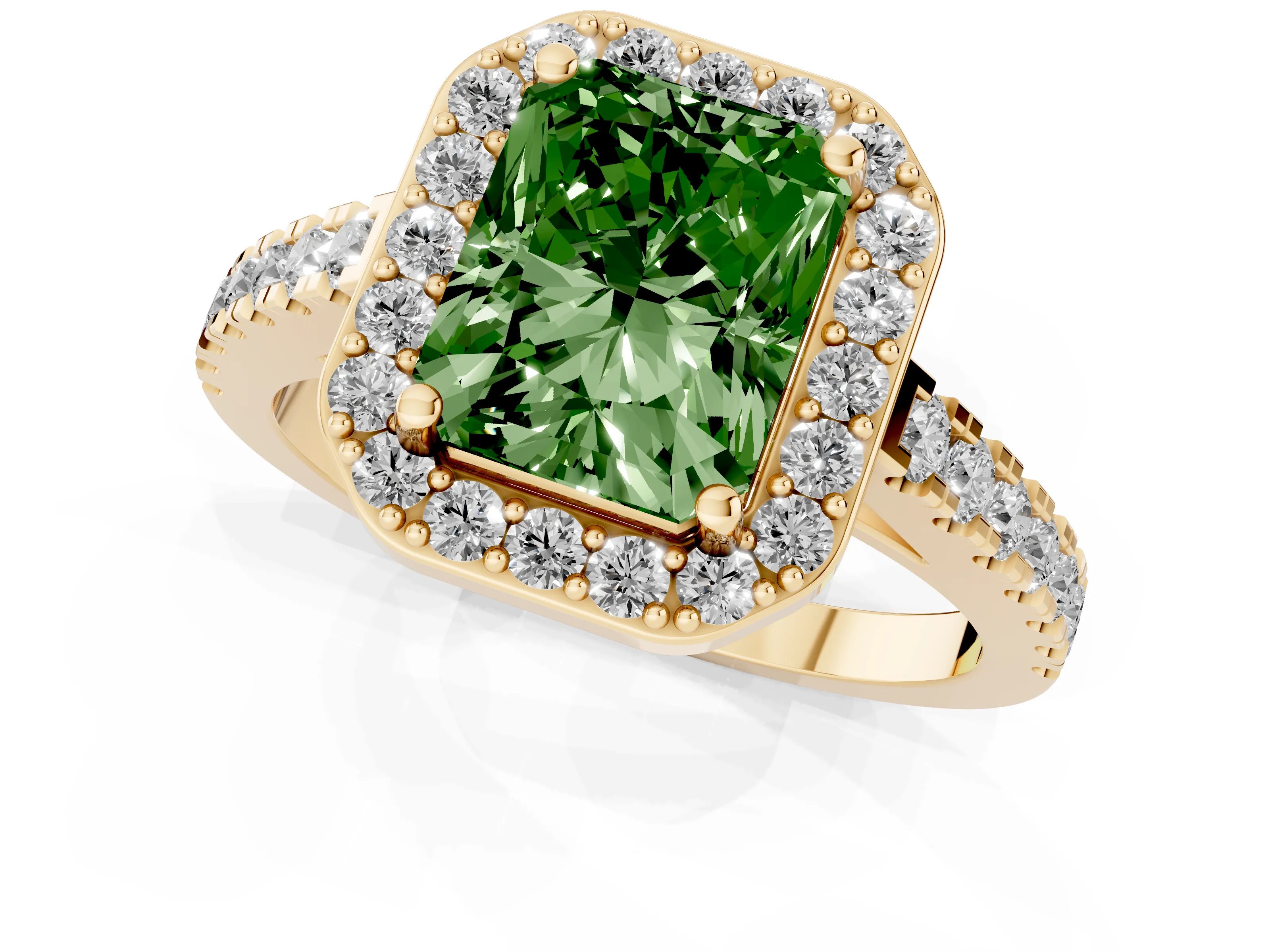 Fancy Green Radiant Cut Diamond Halo Ring Set in Yellow gold with Round Pavé Split Shank and Prong Setting