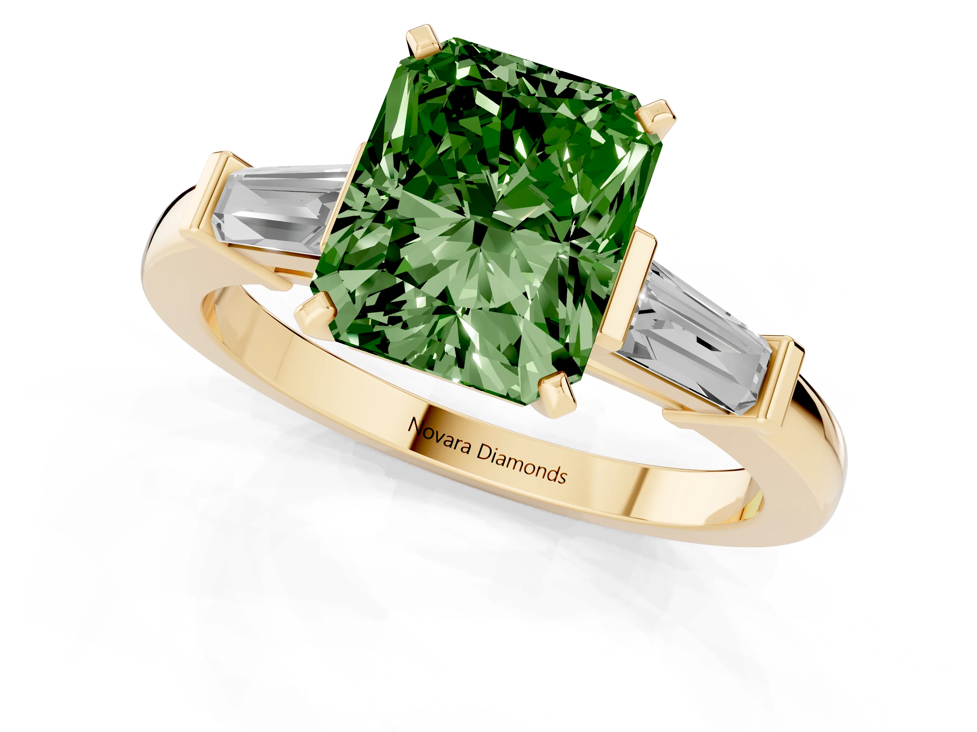 Fancy Green Radiant Cut Diamond Solitaire Ring Set in Yellow gold with Tapered Baguette Accents and Prong Setting