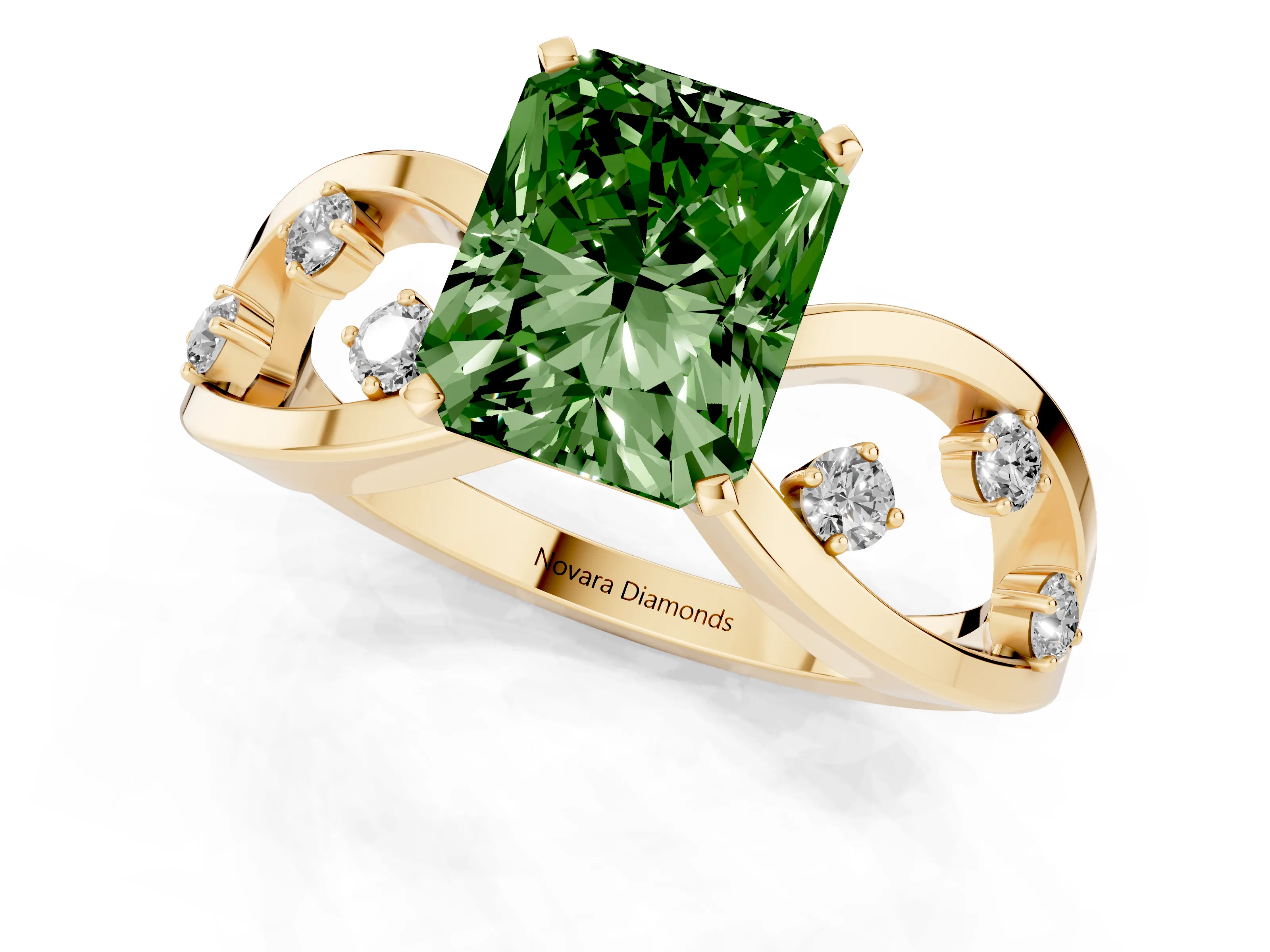 Fancy Green Radiant Cut Diamond Solitaire Ring Set in Yellow gold with Side Stones on Criss-Cross Band and Prong Setting