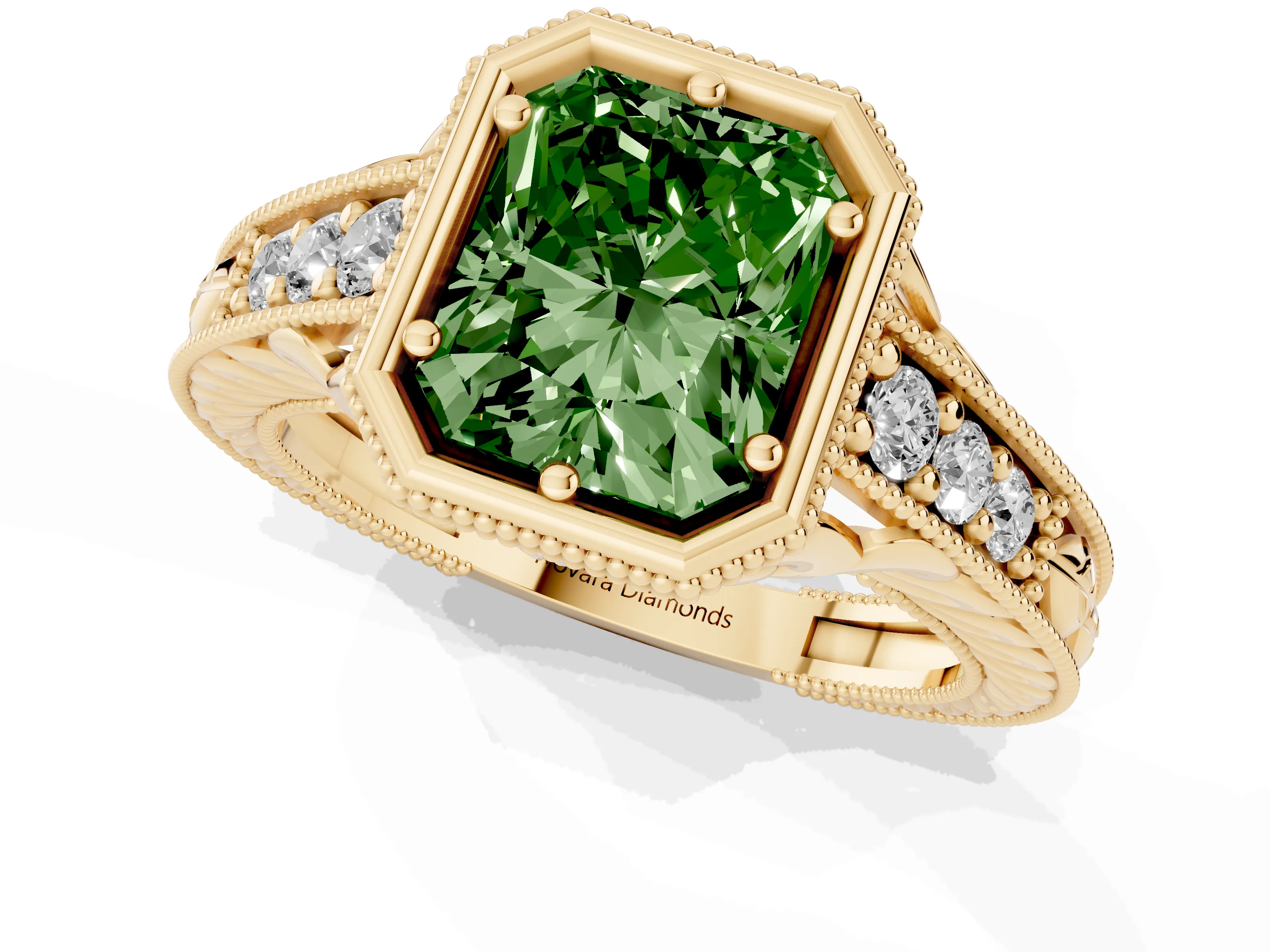 Fancy Green Bezel Set Radiant Cut Diamond Milgrain Pavé Engagement Ring Set in Yellow gold