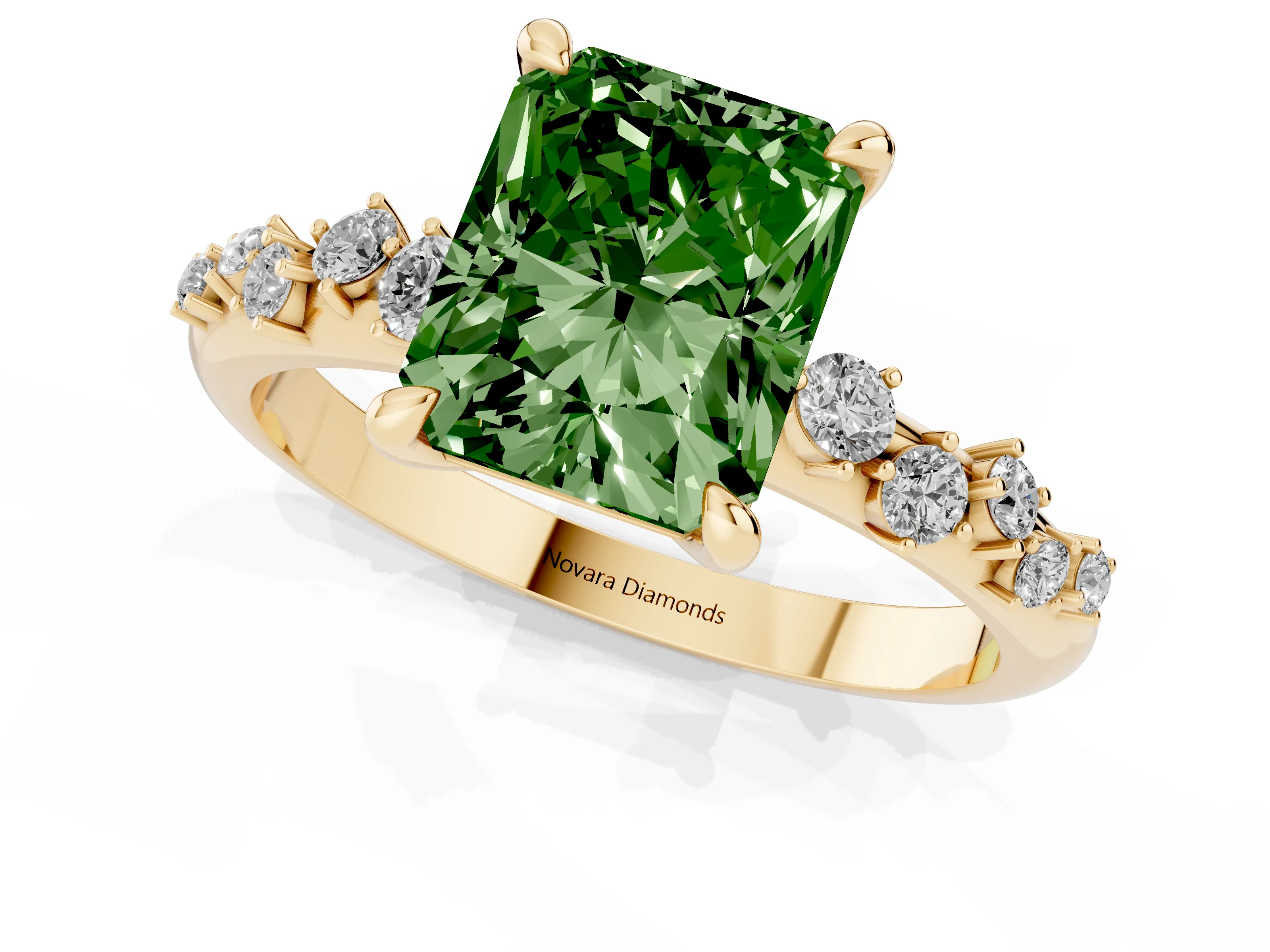 Fancy Green Radiant Cut Diamond Solitaire Vine Band Ring Set in Yellow gold with Round Accents and Prong Setting – second view
