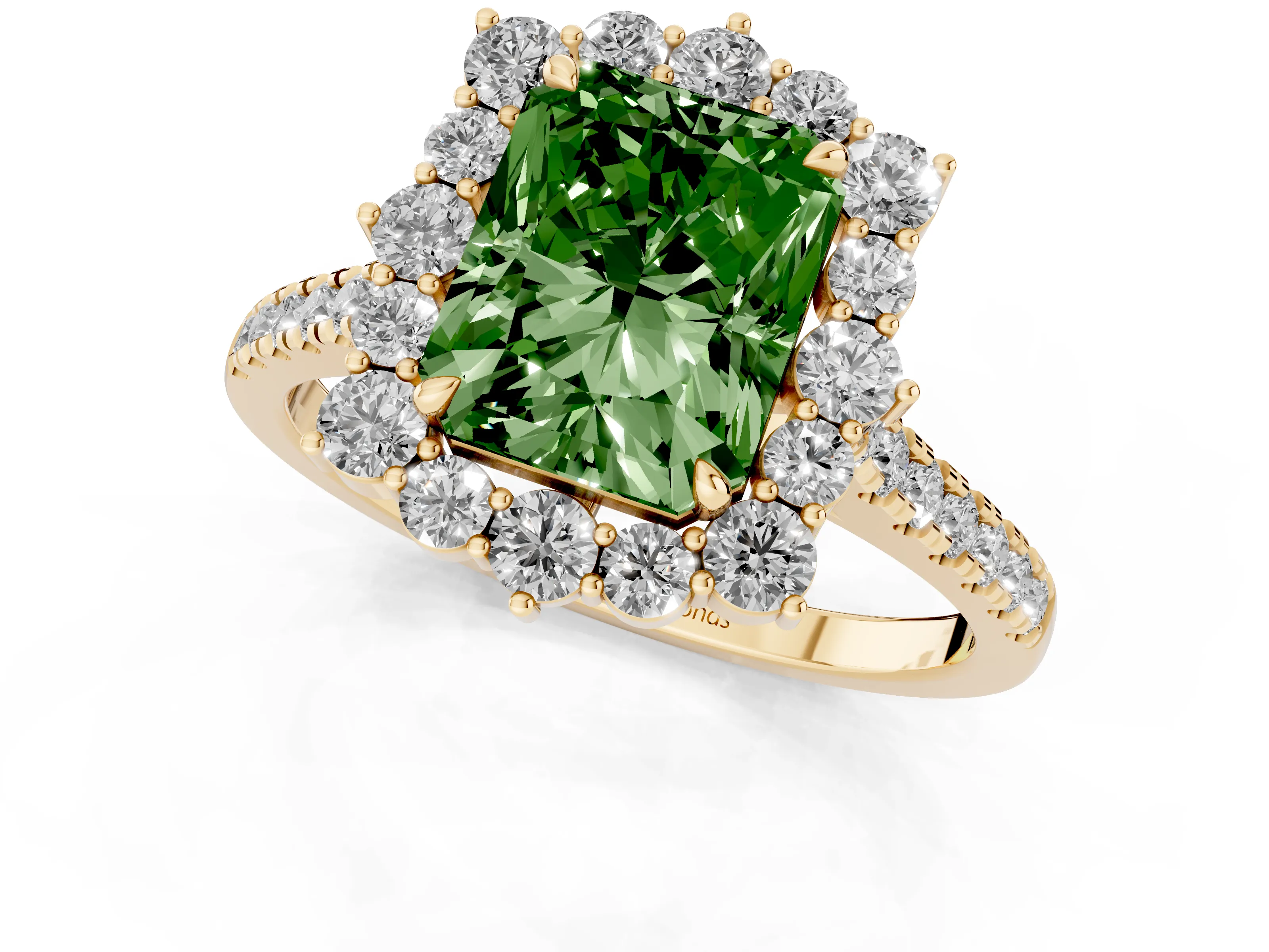 Fancy Green Radiant Cut Diamond Halo Ring Set in Yellow gold with Pavé Band and Prong Setting