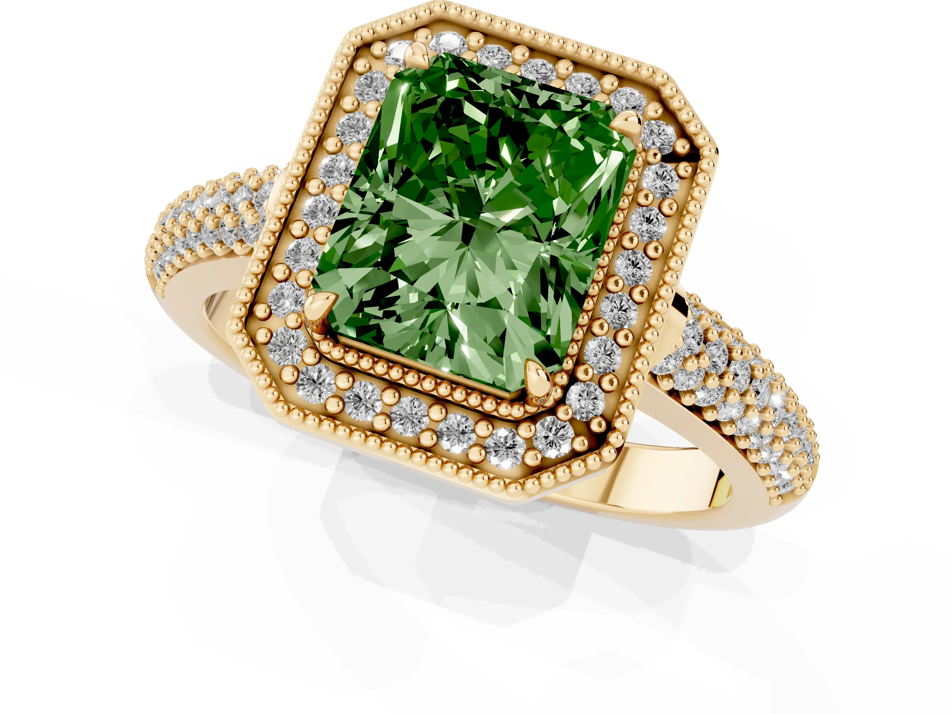 Fancy Green Radiant Cut Diamond Halo Pavé Band Set in Yellow gold with Prong Setting