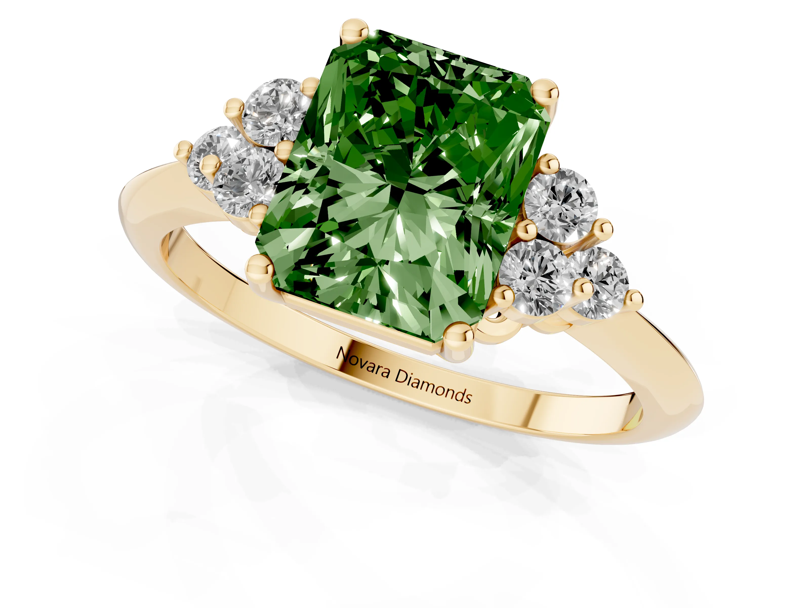 Fancy Green Radiant Cut Diamond Cluster Ring Set in Yellow gold with Plain Band and Prong Setting