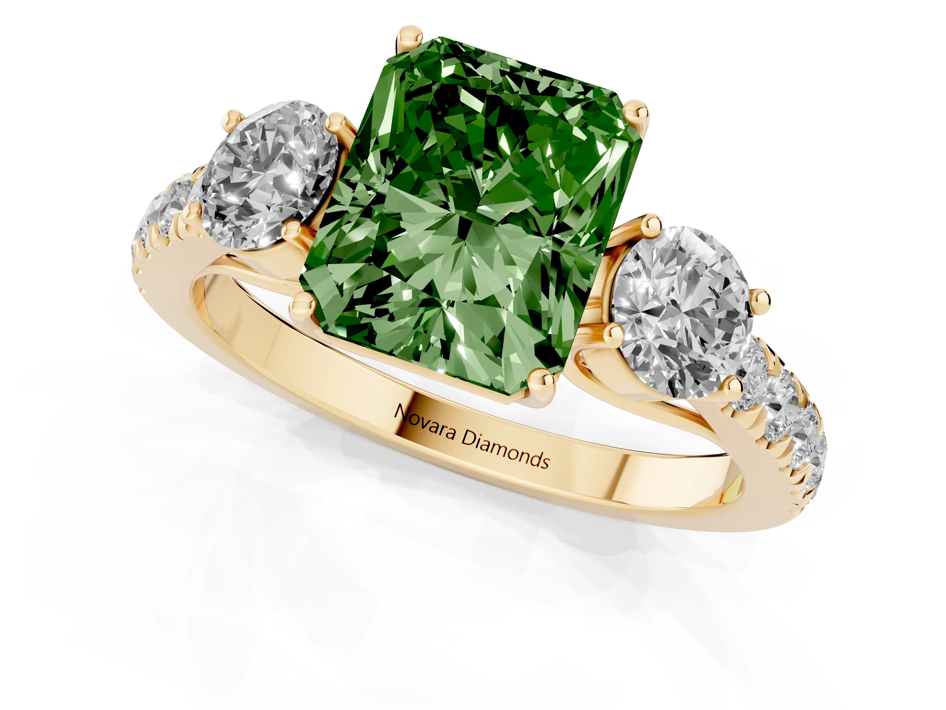 Fancy Green Radiant Cut Diamond Three-Stone Ring Set in Yellow gold with Round Side Stones and Delicate Pavé Band