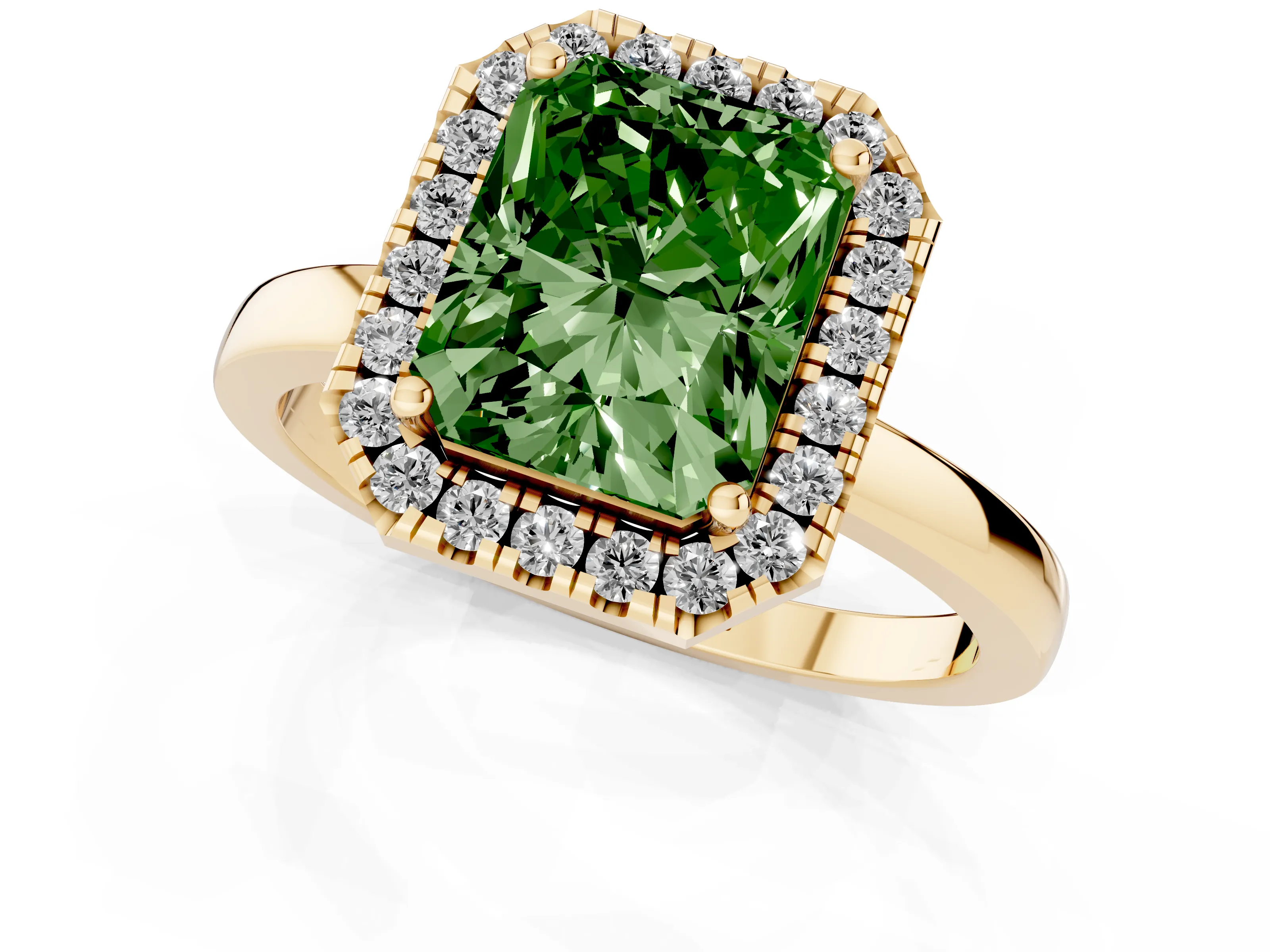 Fancy Green Radiant Cut Diamond Halo Solitaire Ring Set in Yellow gold with Pavé Band and Prong Setting
