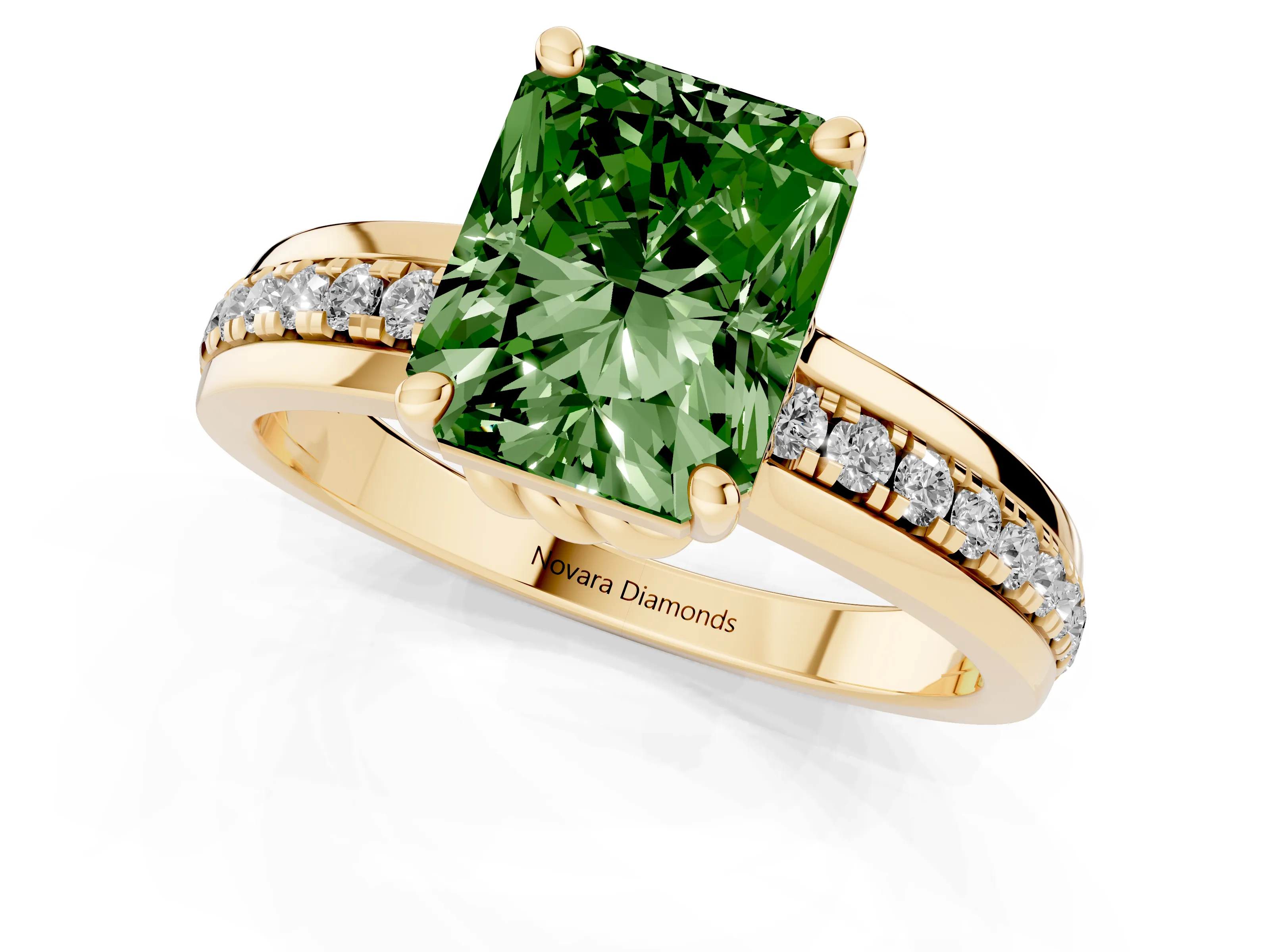 Fancy Green Radiant Cut Diamond Solitaire Ring Set in Yellow gold with Channel Set Band and Prong Setting
