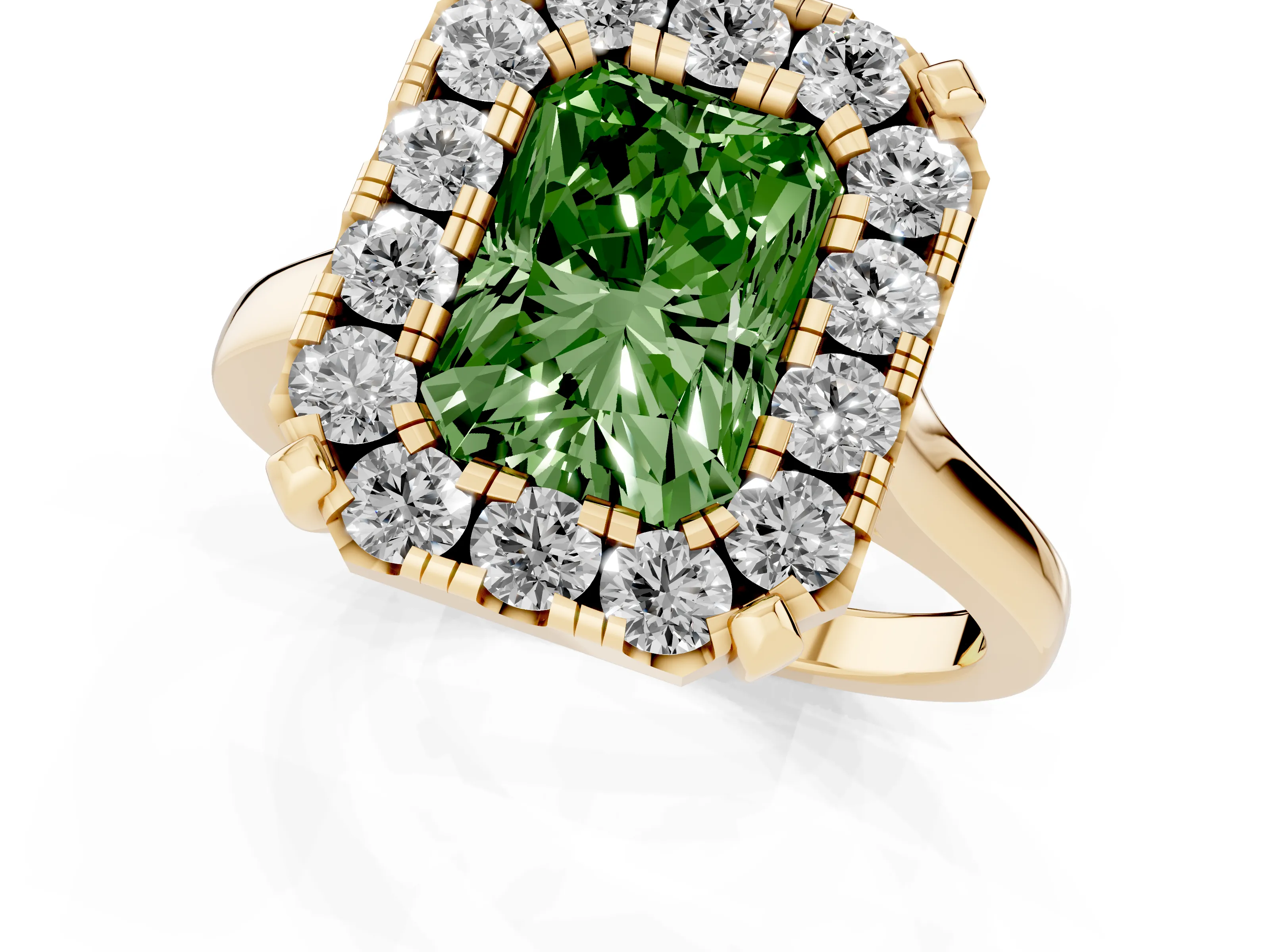 Fancy Green Radiant Cut Diamond Cluster Halo Solitaire Ring Set in Yellow gold with Prong Setting