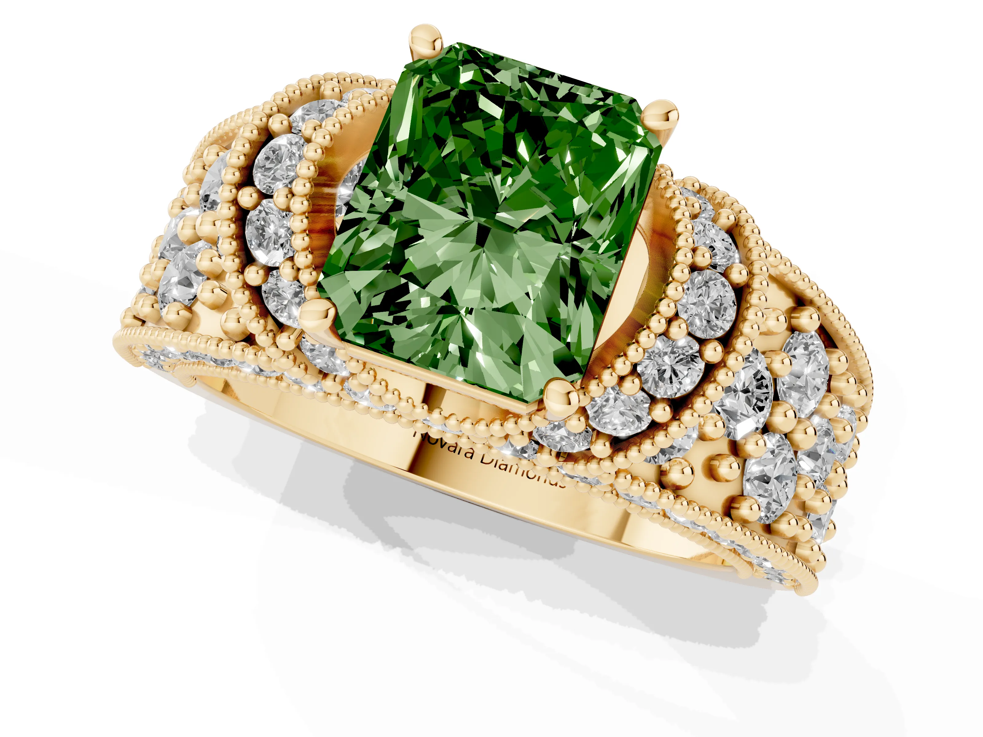 Fancy Green Radiant Cut Diamond Milgrain Halo Pavé Engagement Ring Set in Yellow gold with Prong Setting