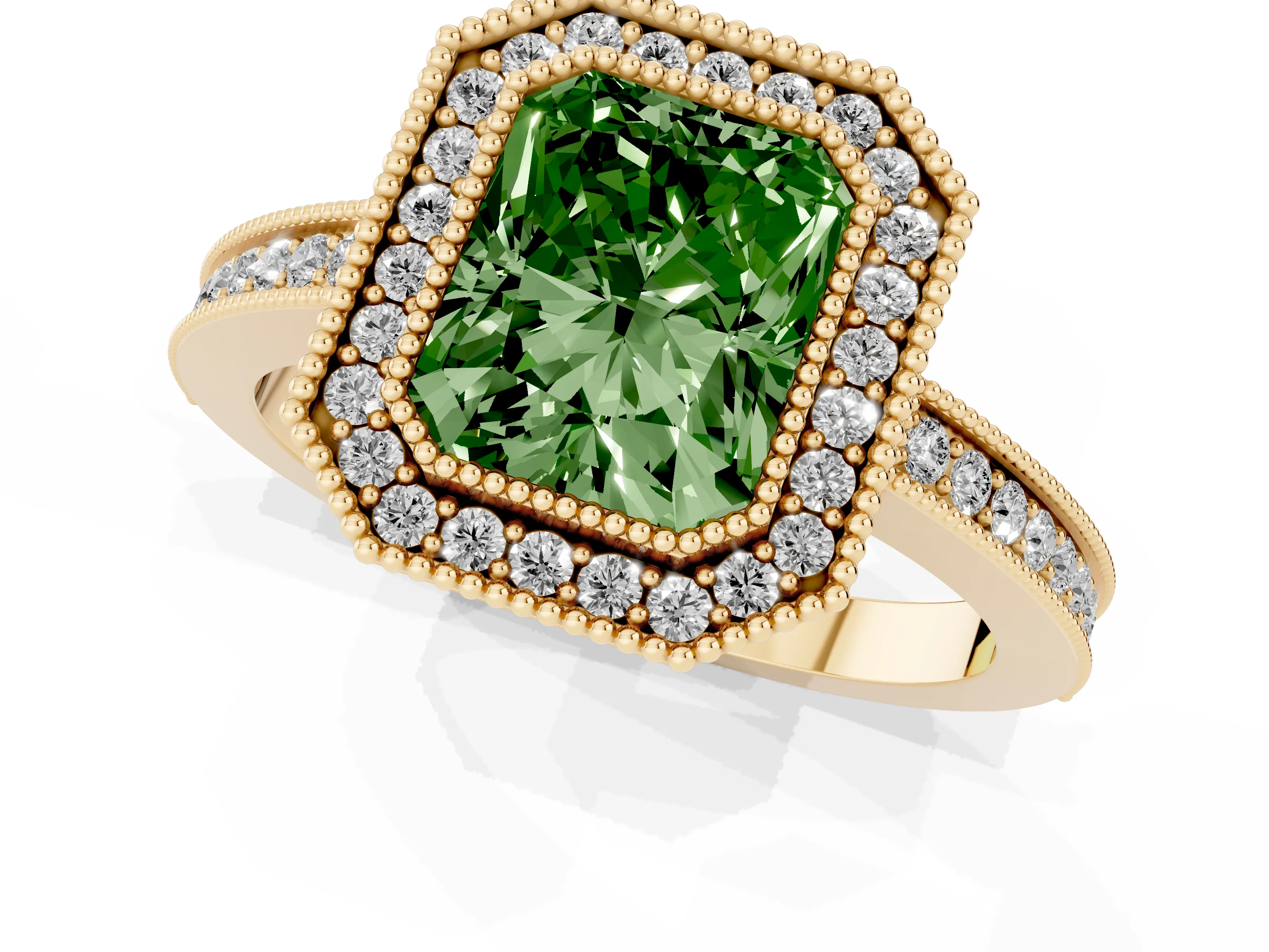 Fancy Green Radiant Cut Diamond Halo Ring Set in Yellow gold with Pavé Band and Milgrain-Edged Prongs