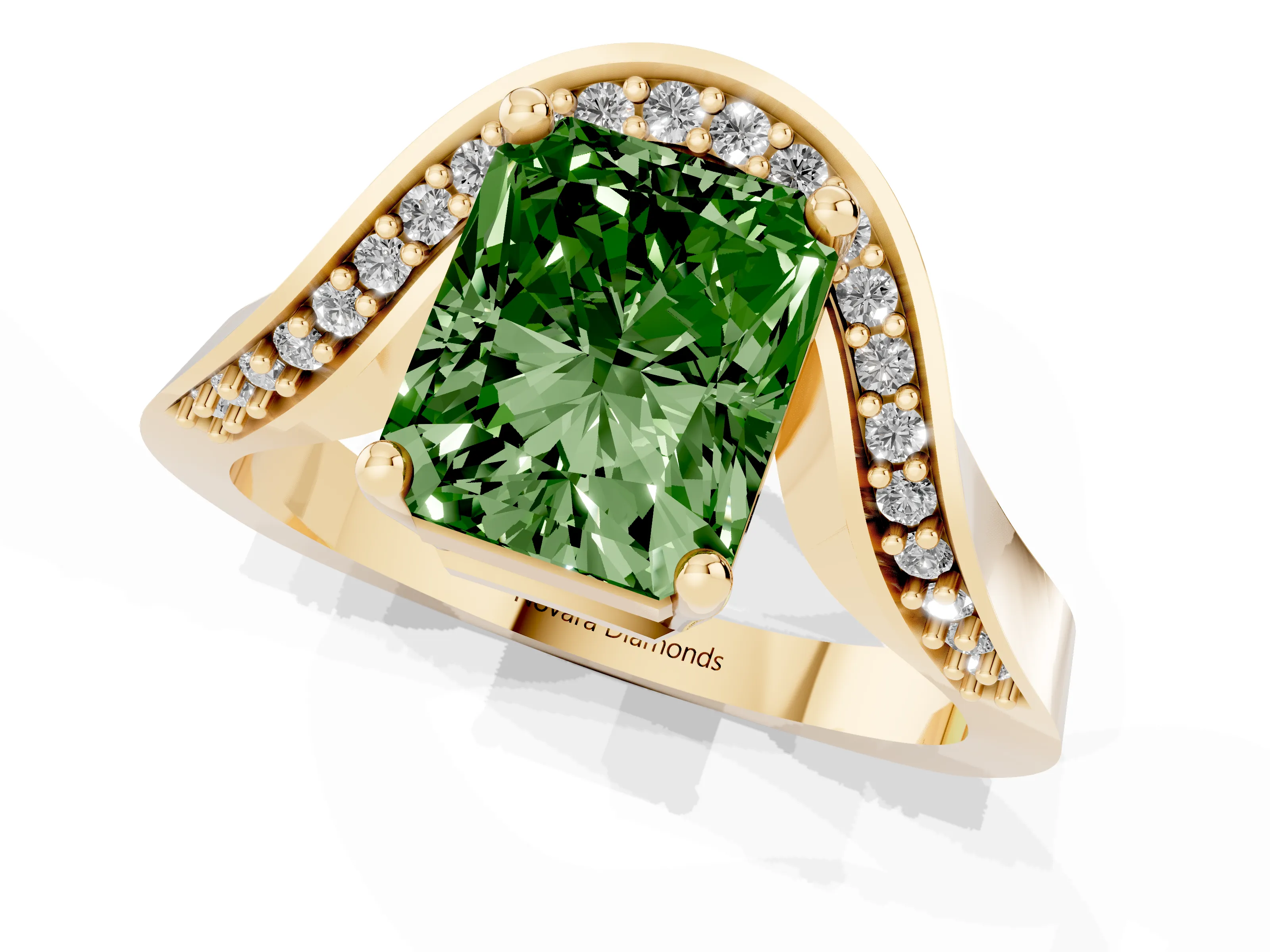 Fancy Green Radiant Cut Diamond Solitaire Engagement Ring Set in Yellow gold with Pavé Shoulders