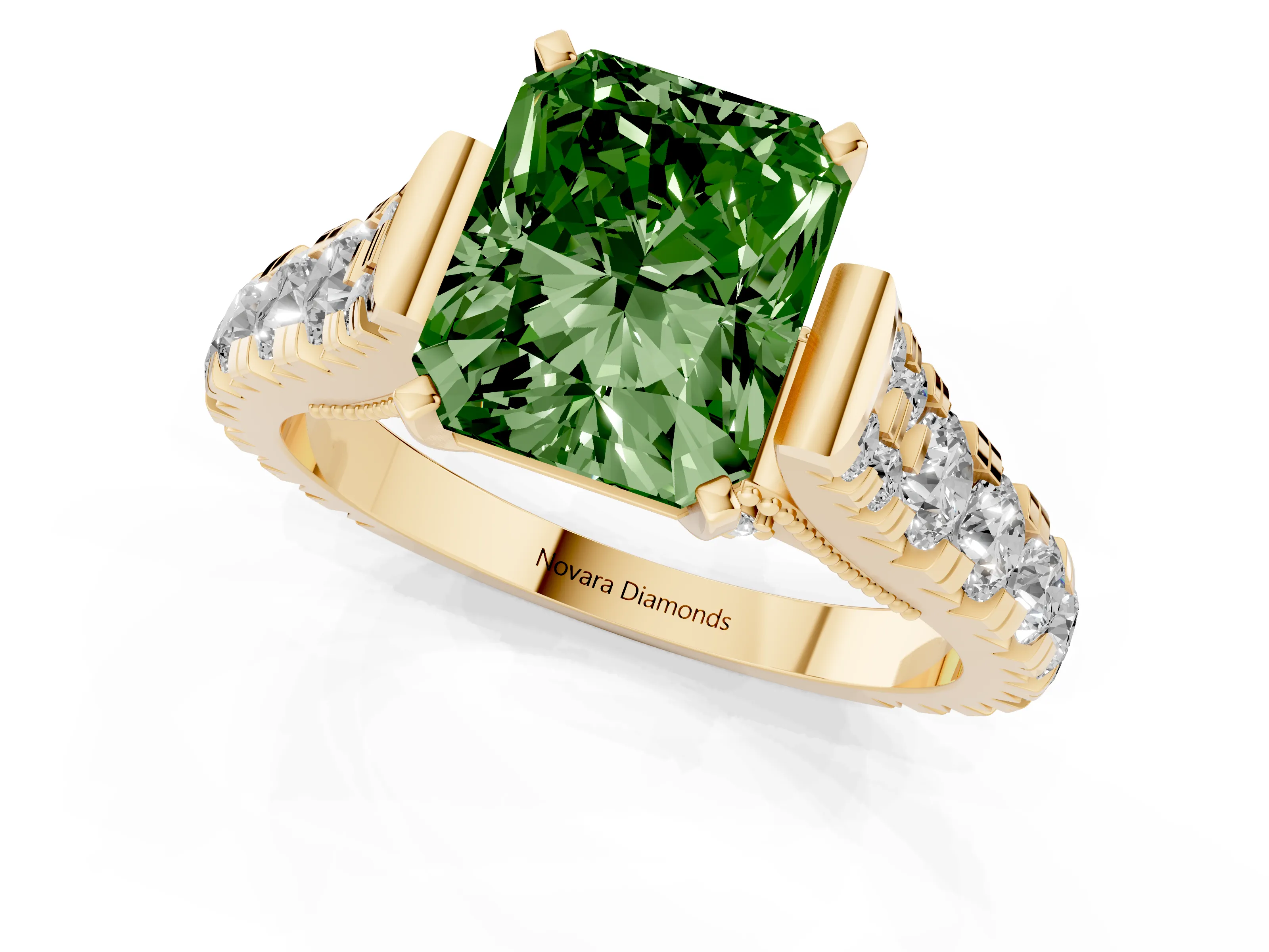 Fancy Green Radiant Cut Diamond Classic Solitaire Ring Set in Yellow gold with Pavé Band and Prong Setting