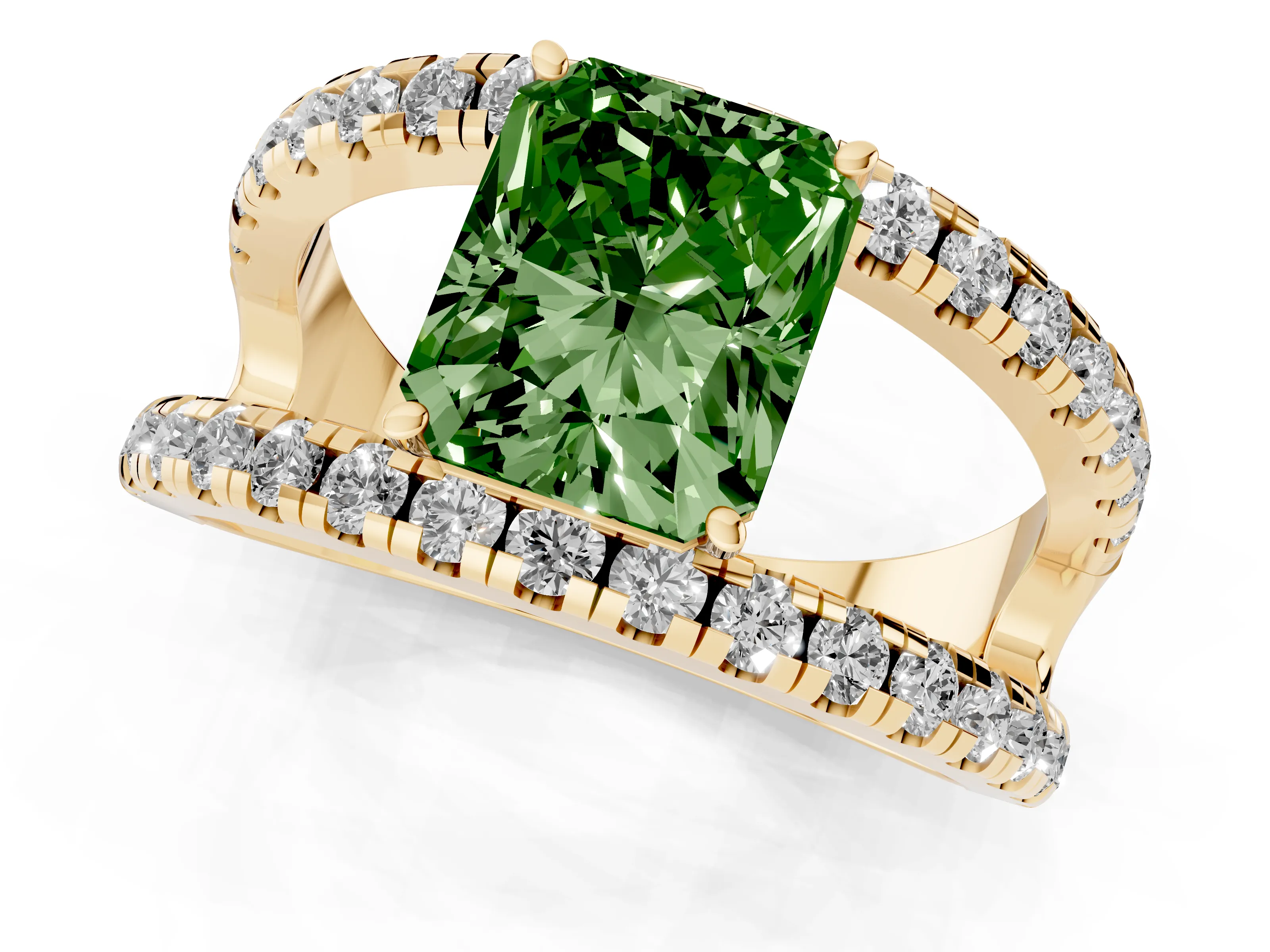 Fancy Green Radiant Cut Diamond Split Shank Pavé Solitaire Ring Set in Yellow gold with Open Shank Design