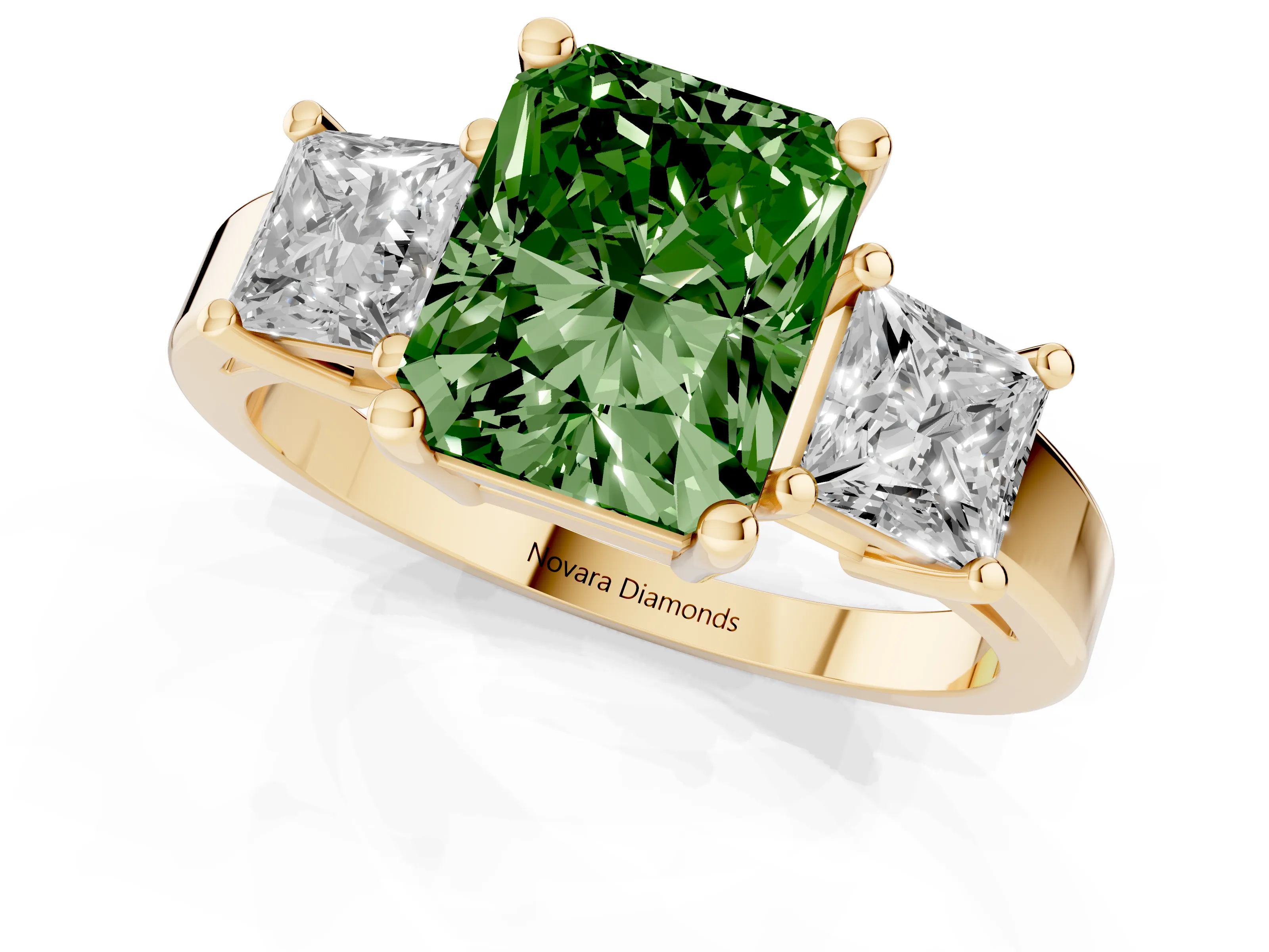 Fancy Green Three-Stone Radiant Cut Diamond Solitaire Ring Set in Yellow gold with Prong Setting