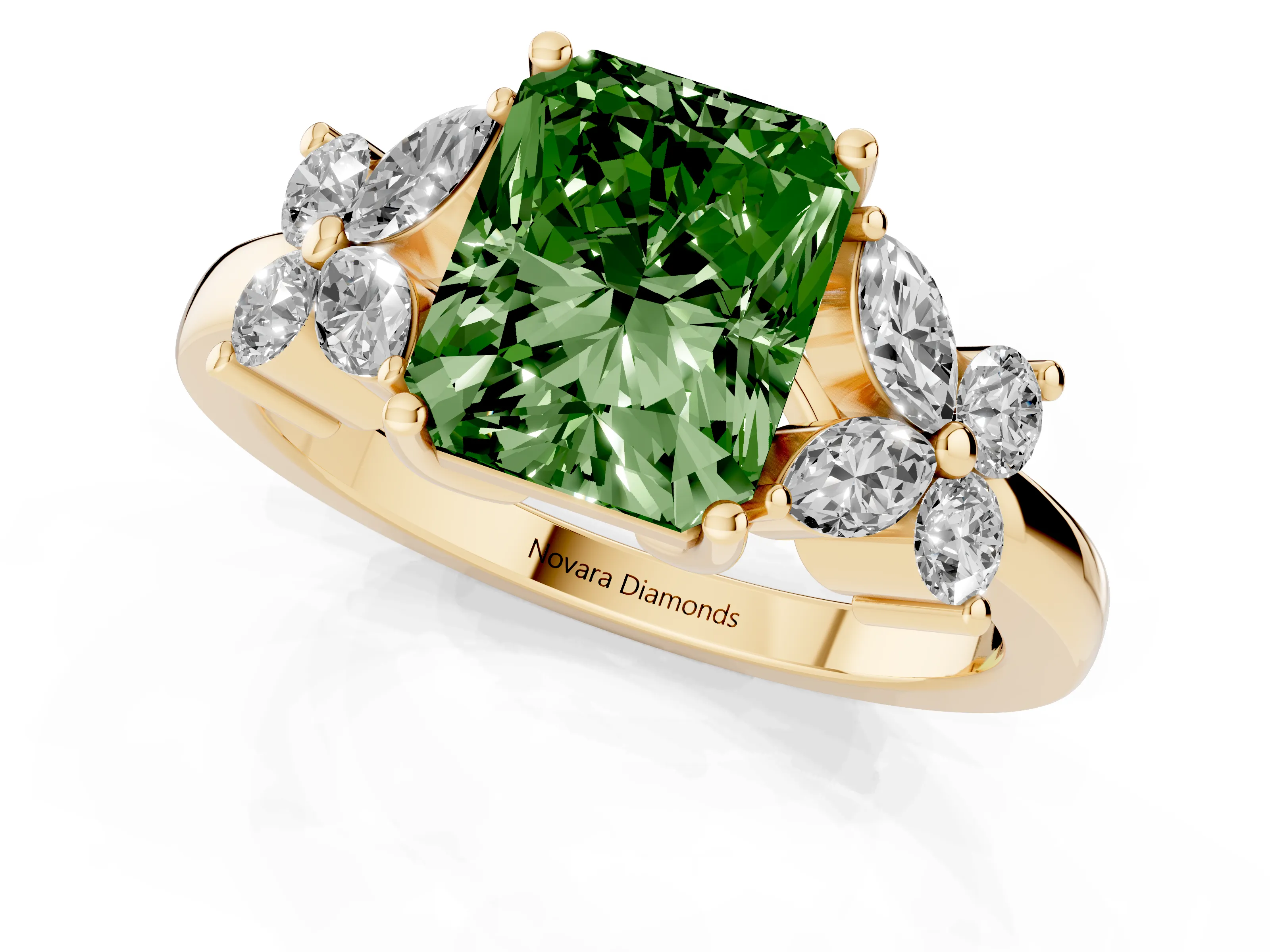 Fancy Green Radiant Cut Diamond Floral Cluster Ring Set in Yellow gold with Marquise Petals and Prong Setting