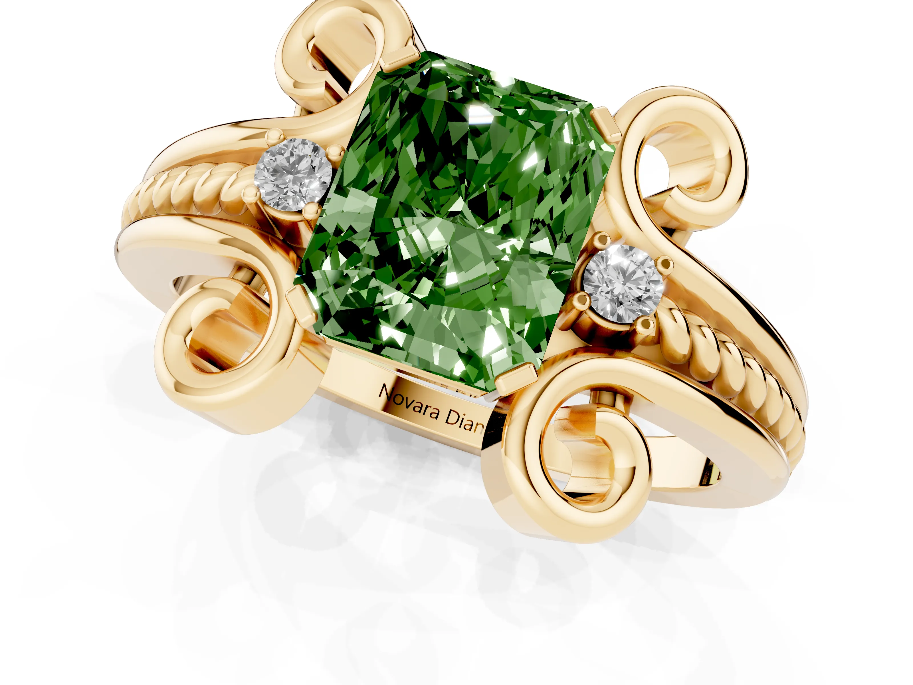 Fancy Green Radiant Cut Diamond Twisted Band Solitaire Ring Set in Yellow gold with Scroll Prongs