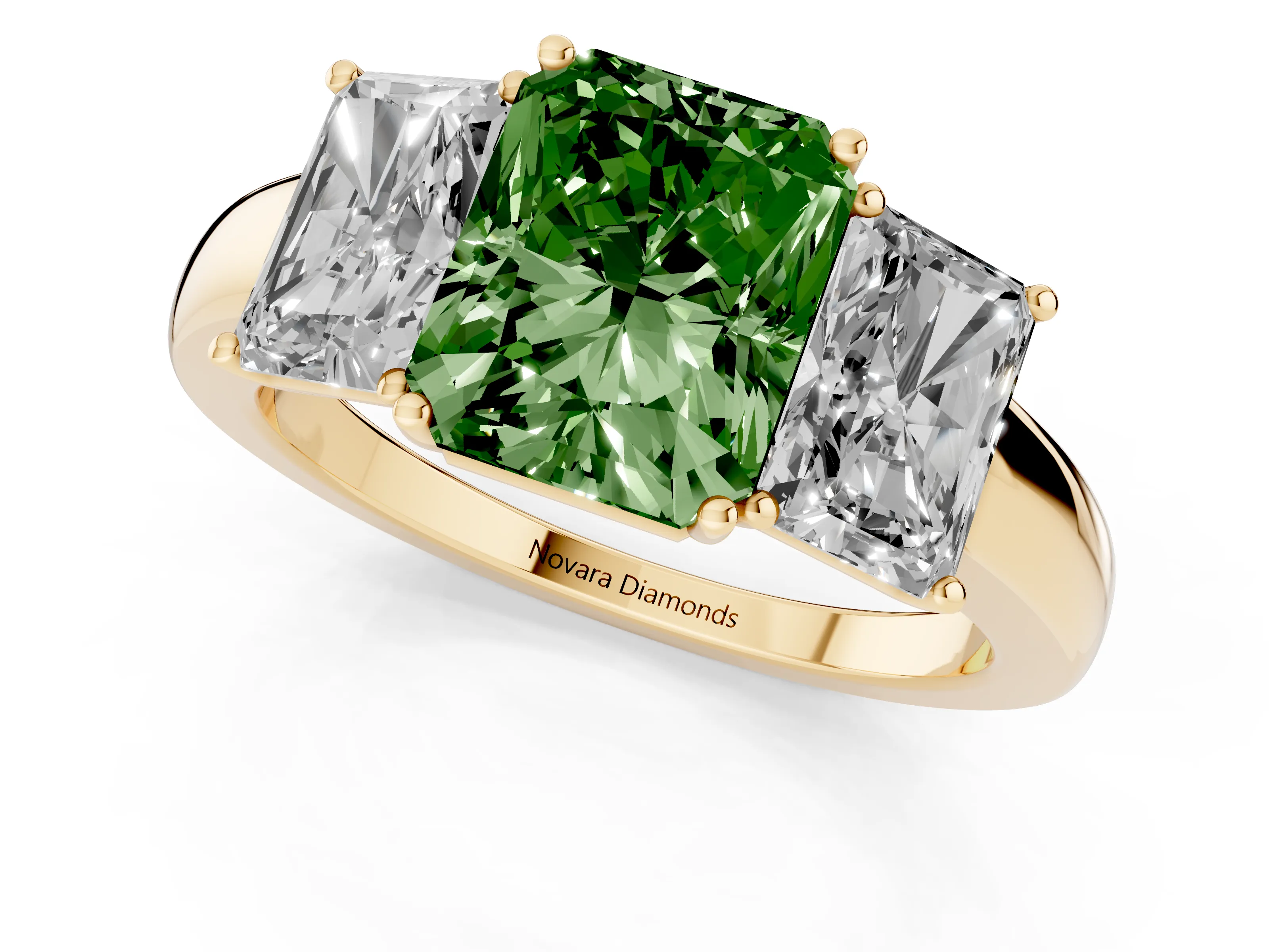 Fancy Green Radiant Cut Diamond Three-Stone Ring Set in Yellow gold with Bold Center and Classic Band