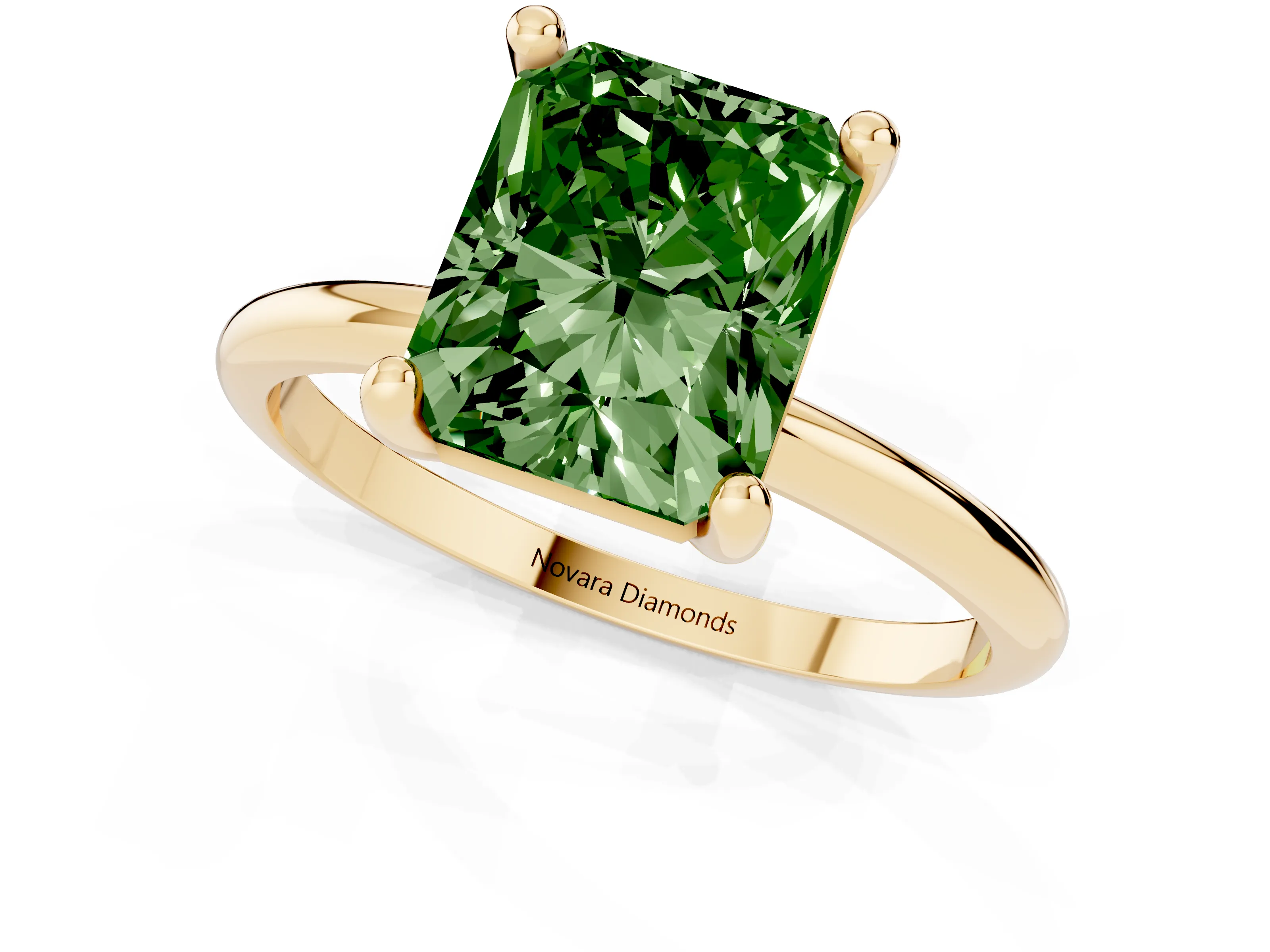 Fancy Green Radiant Cut Diamond Solitaire Ring Set in Yellow gold with Secure Prong Setting on a Classic Band