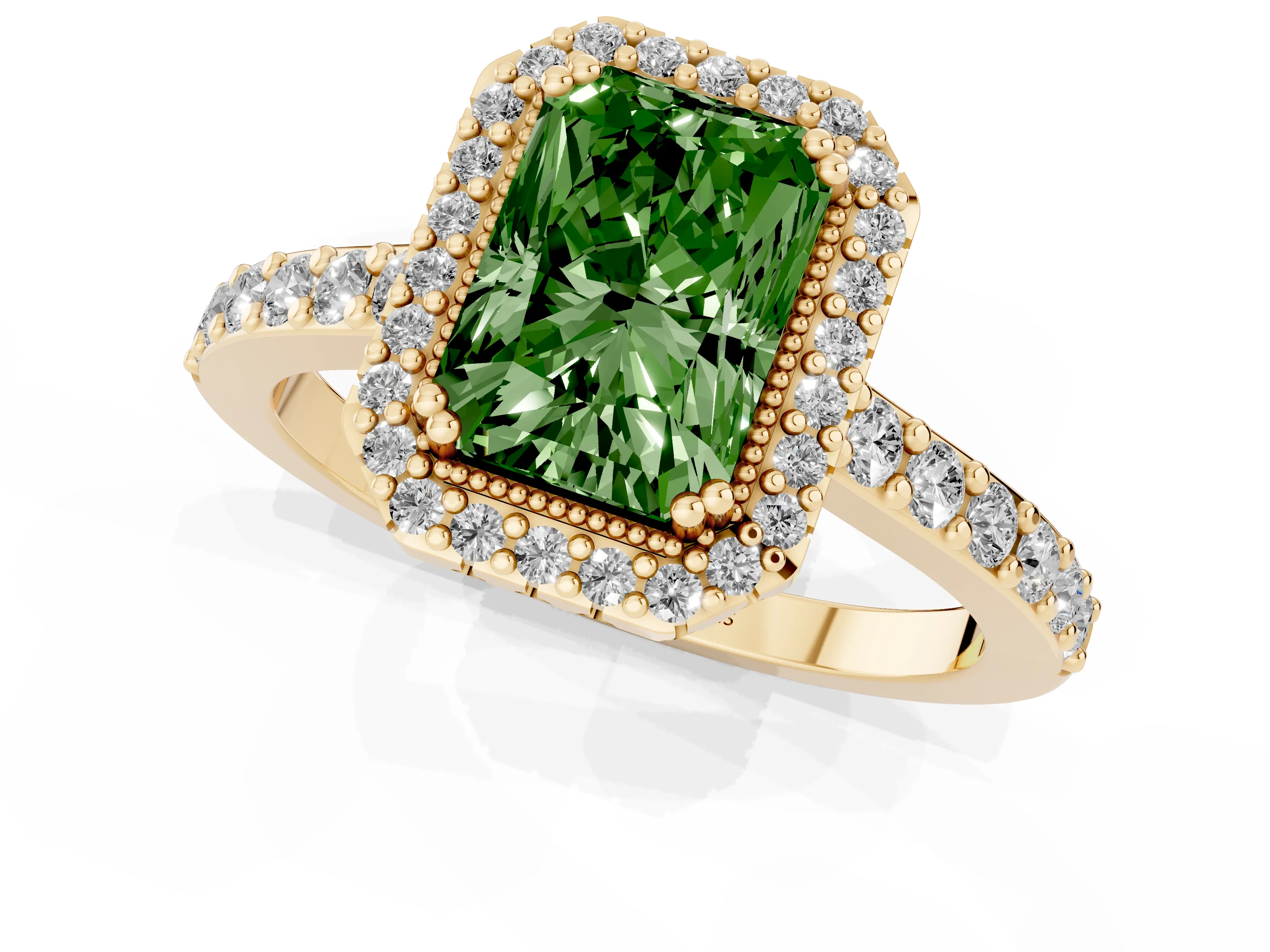 Fancy Green Radiant Cut Diamond Halo Engagement Ring Set in Yellow gold with Milgrain Detail and Pavé Band