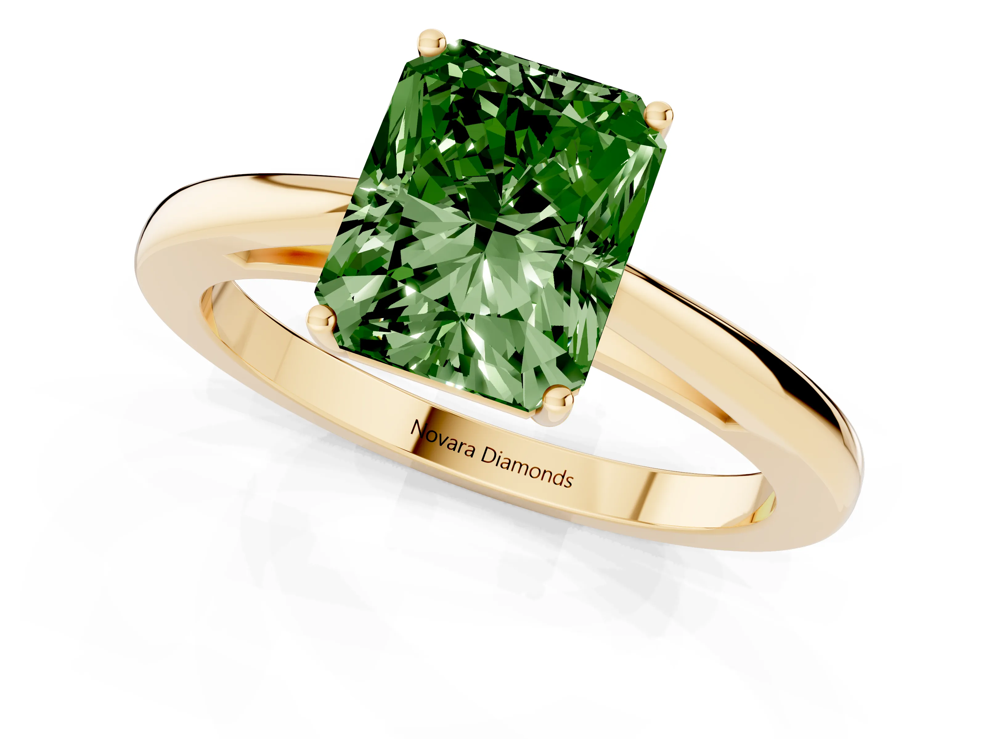 Fancy Green Radiant Cut Diamond Solitaire Ring Set in Yellow gold with Split Shank and Prong Setting